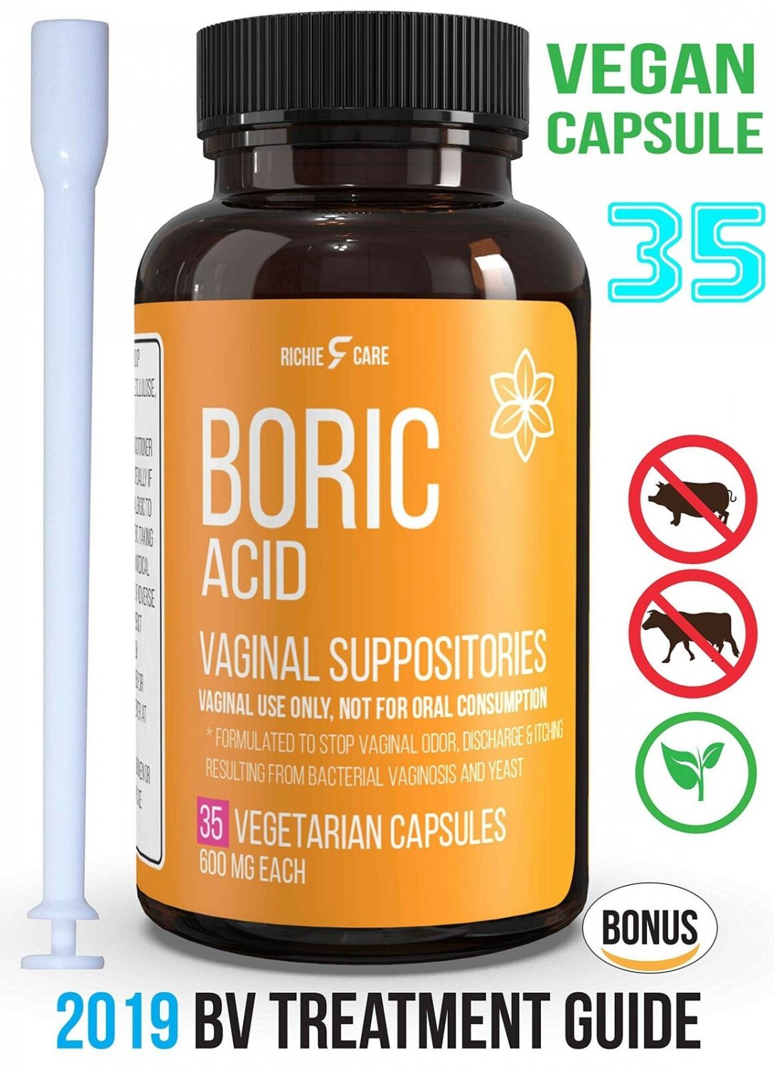 Fast Relief Vegan Capsule Boric Acid Vaginal Suppositories 600Mg 35ct Bonus E...