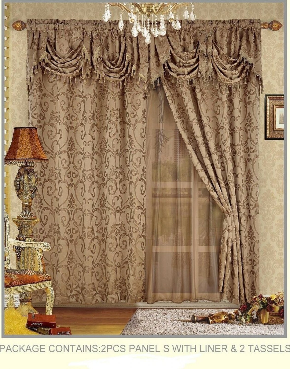 Fancy Collection Embroidered Curtain Set 4 Piece Taupe Mocha Drapes with Back...