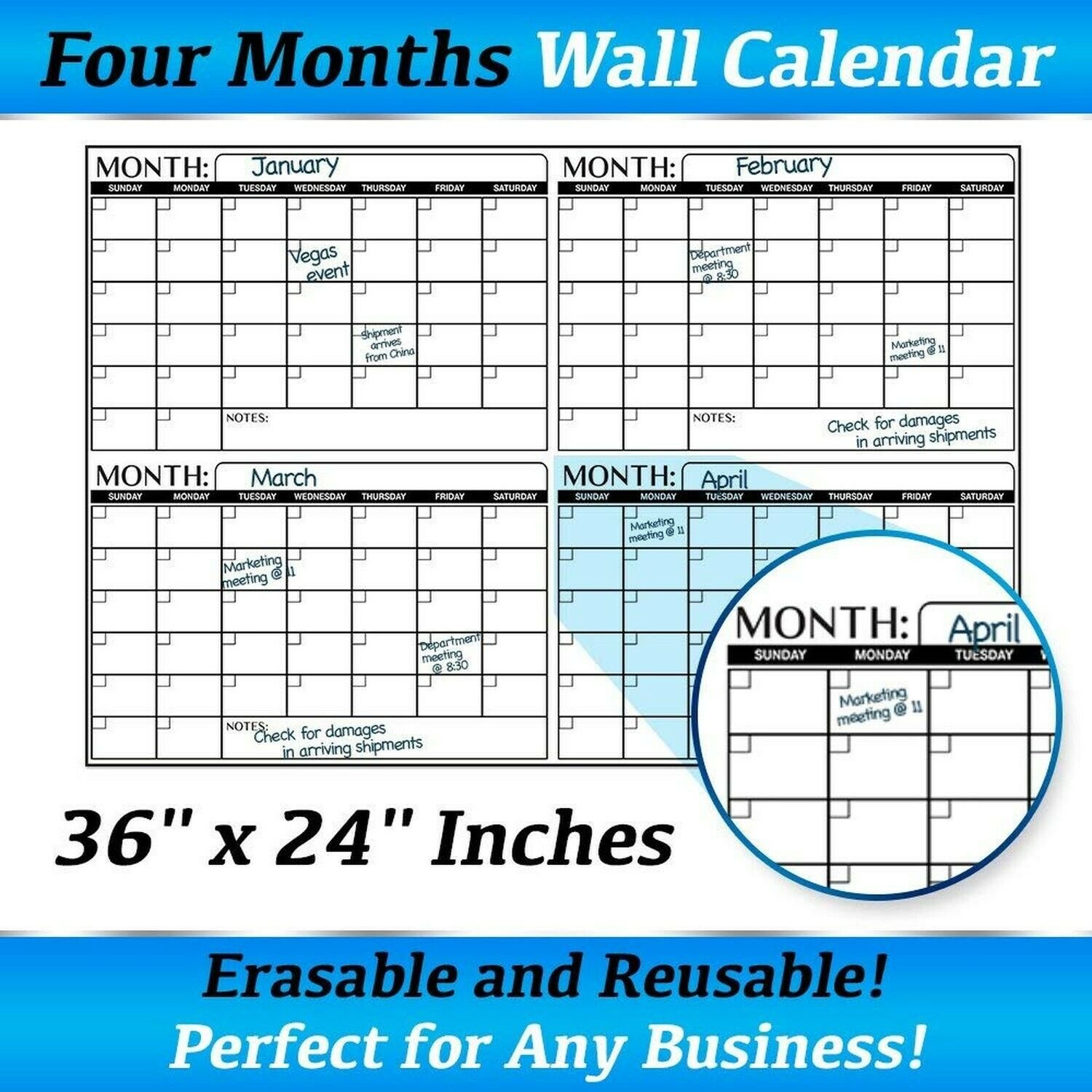 Business Basics EXTRA LARGE Dry Erase 4 Month 24" x 36" in Wall Calendar Lami...