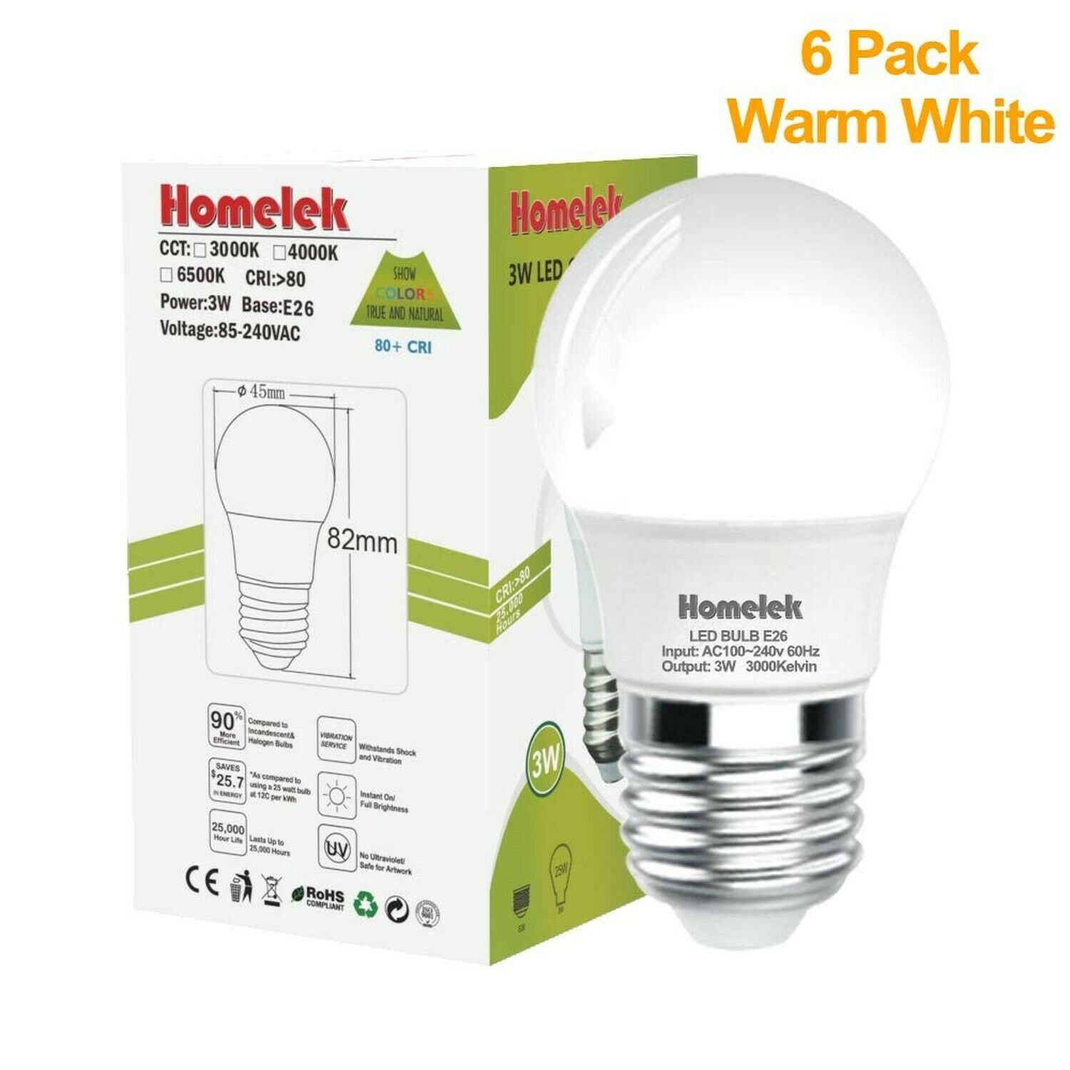 (6 Pack) Homelek 3W LED Light Bulbs, Equivalent to 25W, E26 Base, G45/G14 Bul...