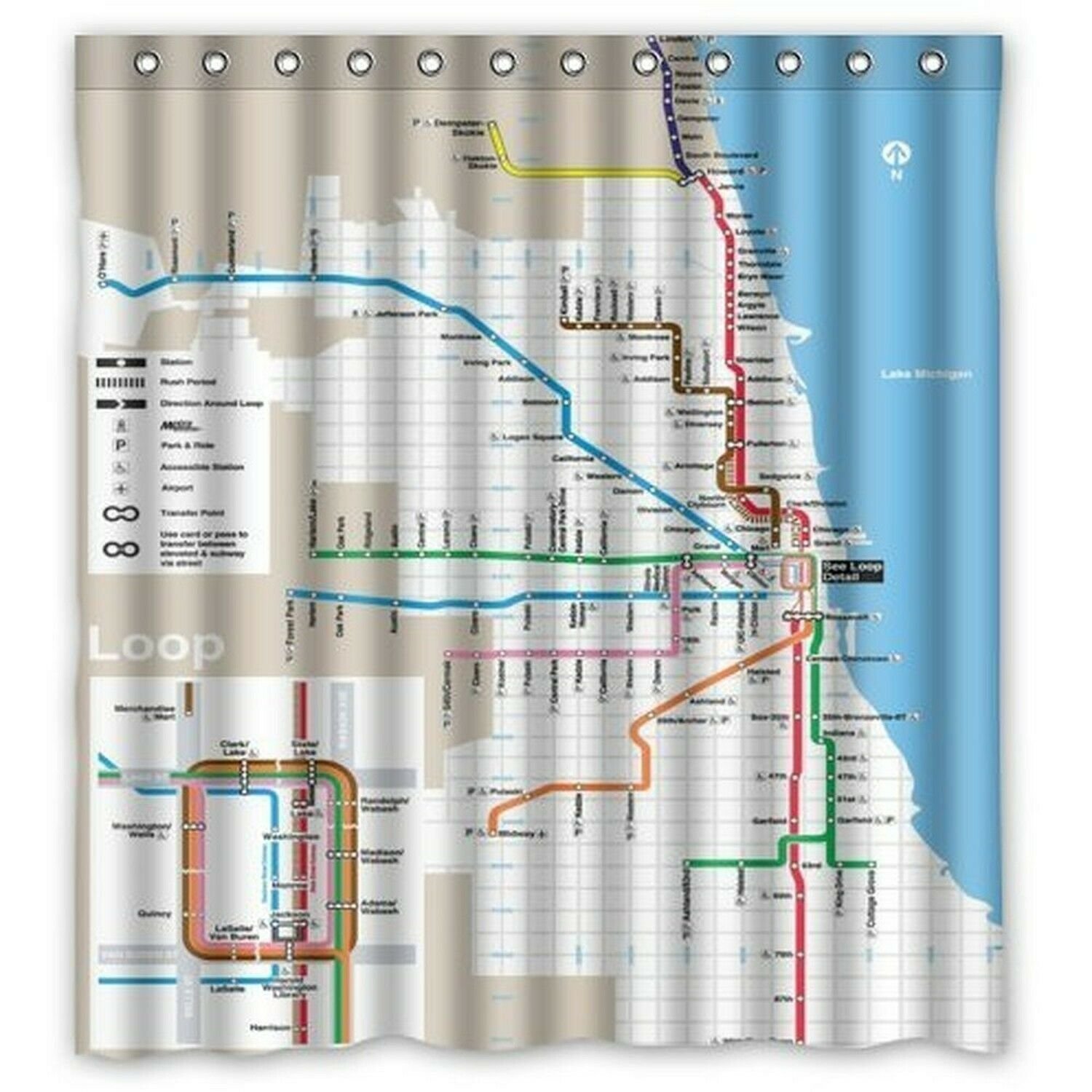 Anzona Classic Chicago Subway Map Pattern Bathroom Polyester Shower Curtain (...