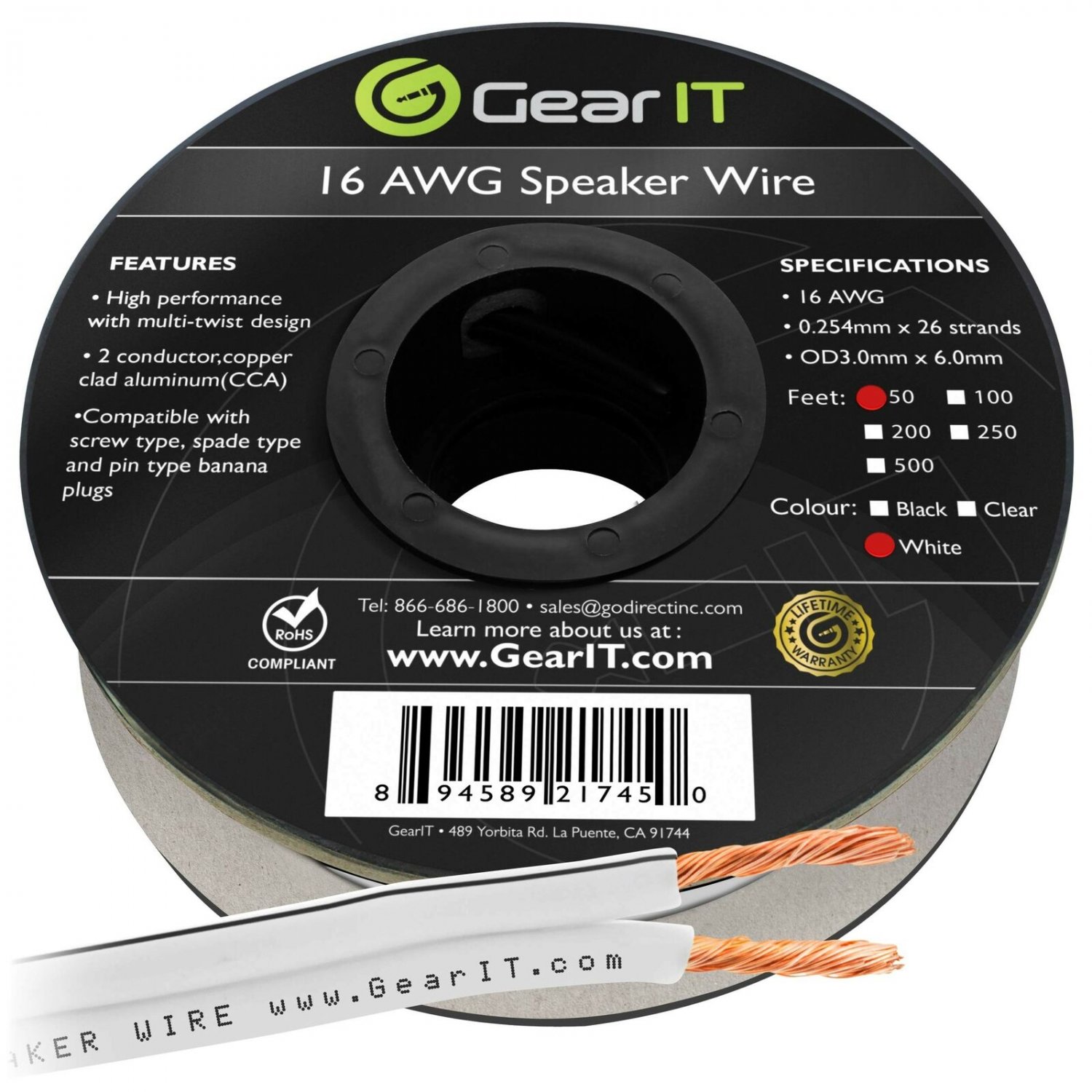 16AWG Speaker Wire, GearIT Pro Series 16 Gauge Speaker Wire Cable (50 Feet / ...