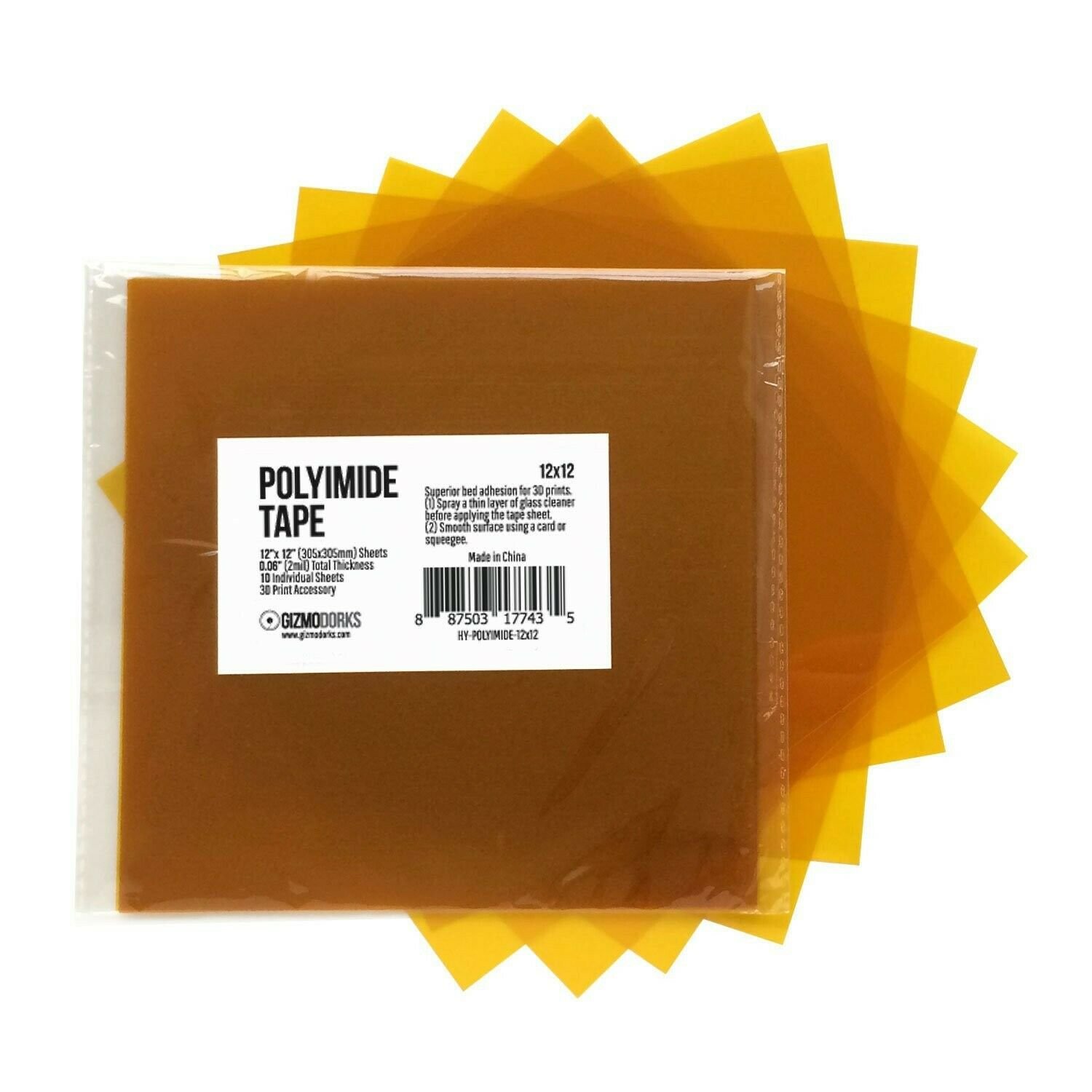 Gizmo Dorks Kapton Tape (Polyimide) for 3D Printers and Printing, 12 x 12 inc...