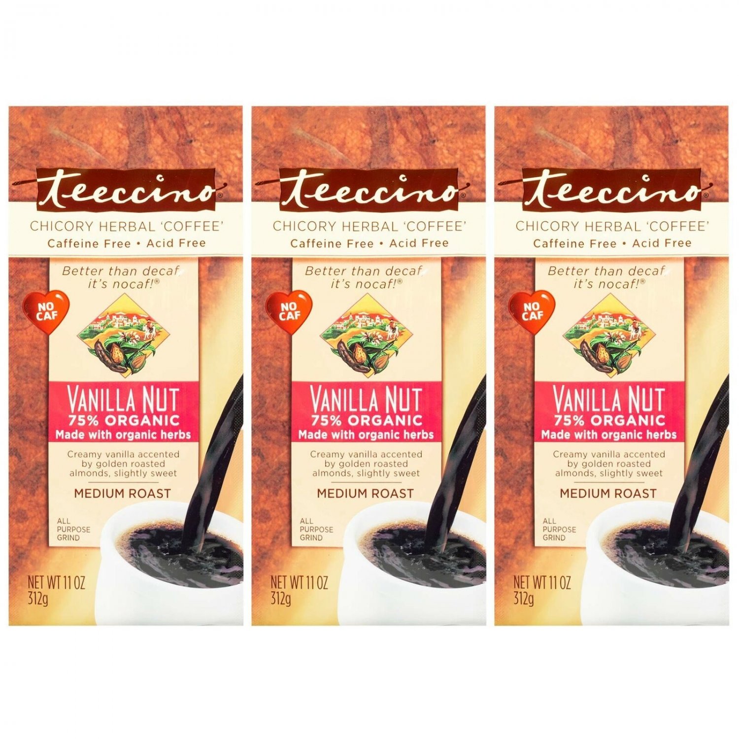 Teeccino Vanilla Nut Chicory Herbal Coffee Alternative, Caffeine Free, Acid F...