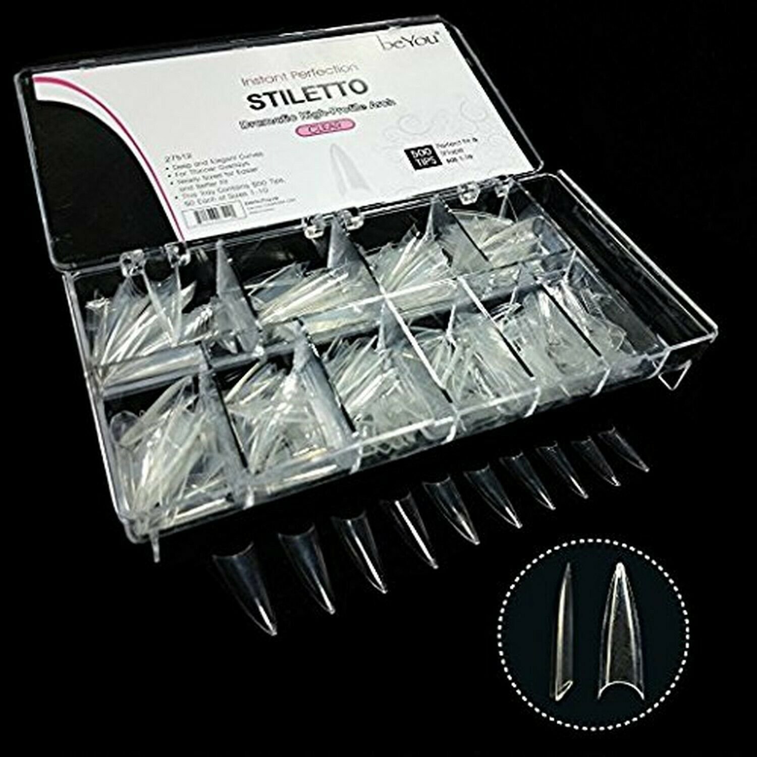 BeYou Clear Stiletto 500pcs Artificial Fake Nail Tips 10 Sizes 27512 for Nail...
