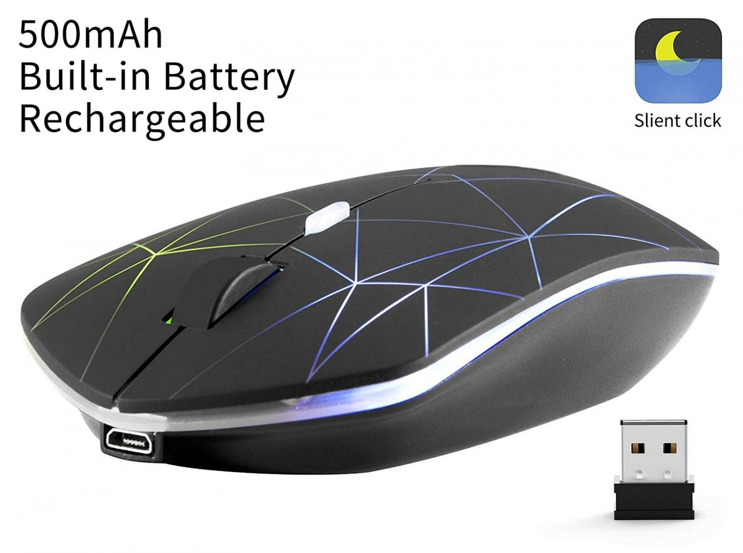 Illuminating wireless mouse powered by rechargeable Li-polymer battery, with ...