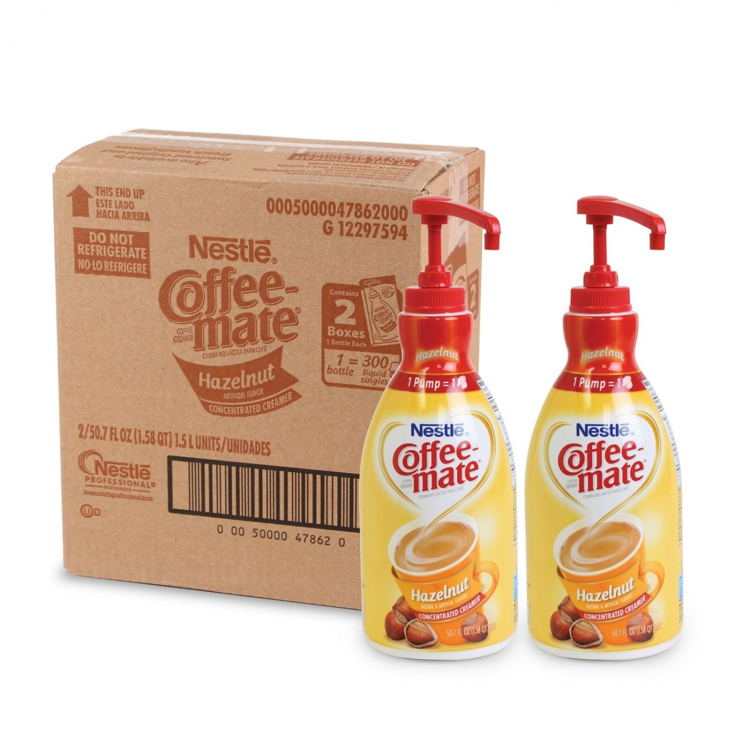 Nestle Coffee-mate Coffee Creamer, Hazelnut, 1.5L liquid pump bottle, Pack of 2