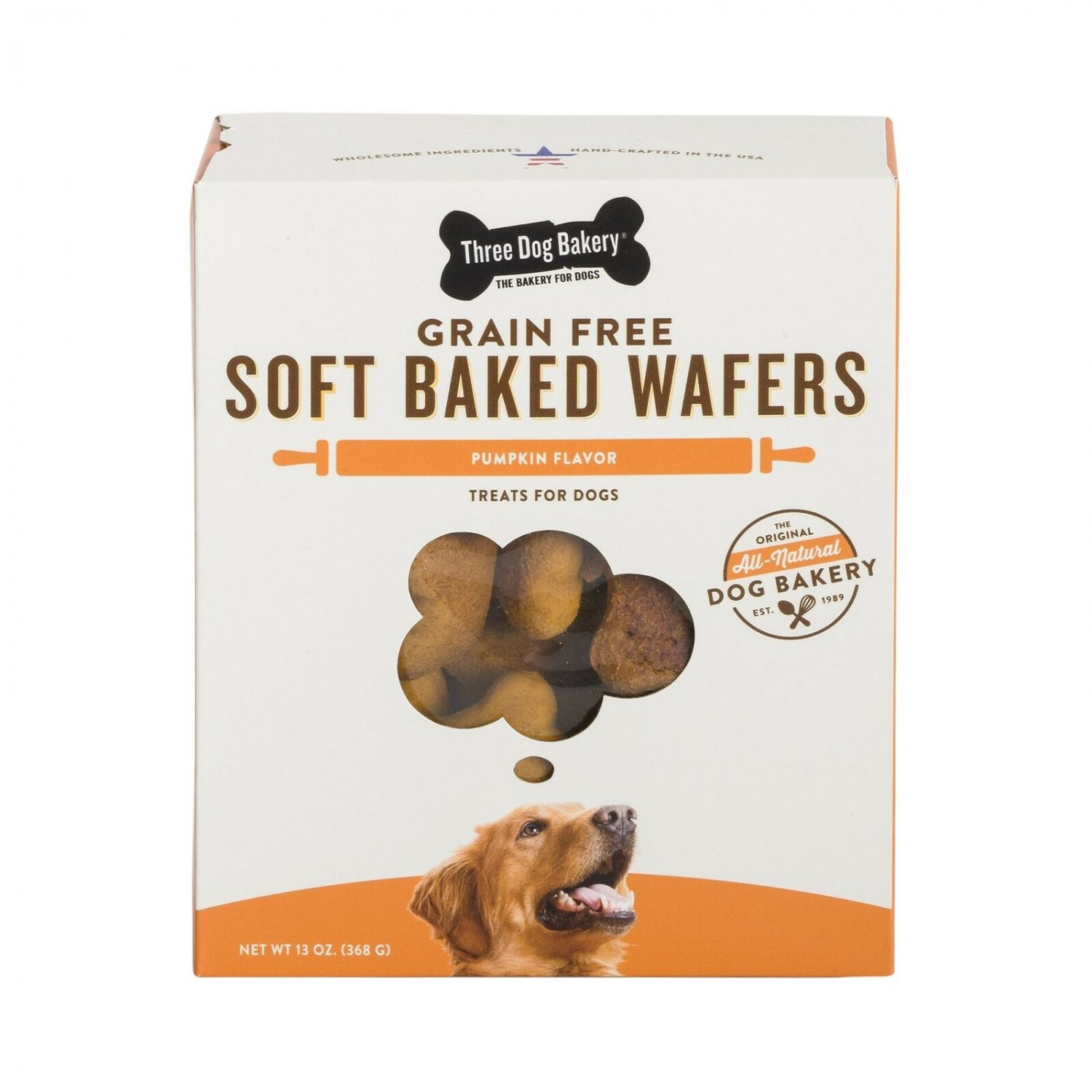 Three Dog Bakery Grain Free Wafers Baked Dog Treats, 13 Oz Pumpkin