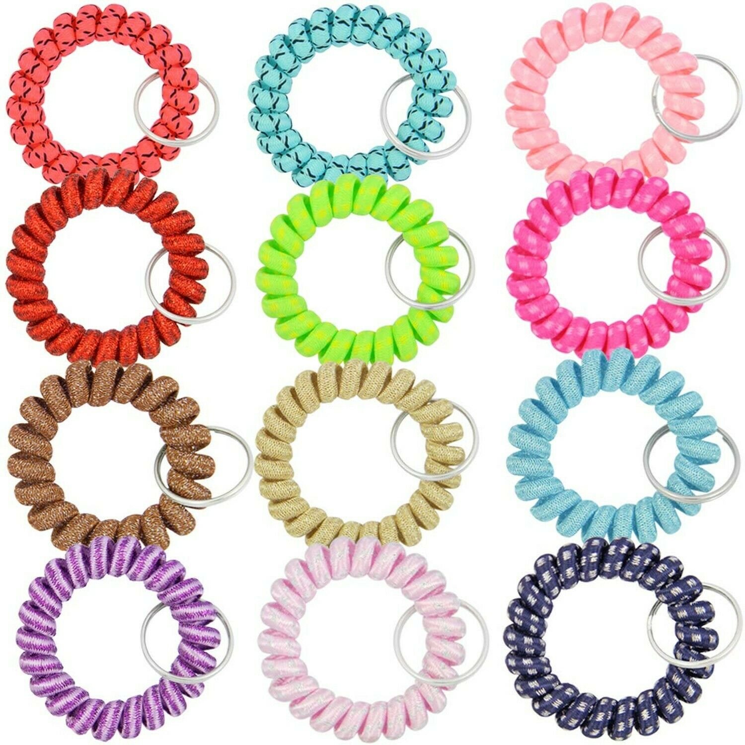 QY 12PCS New Version Bright Colorful Cloth Plastic Spiral Coil Wrist Band Key...
