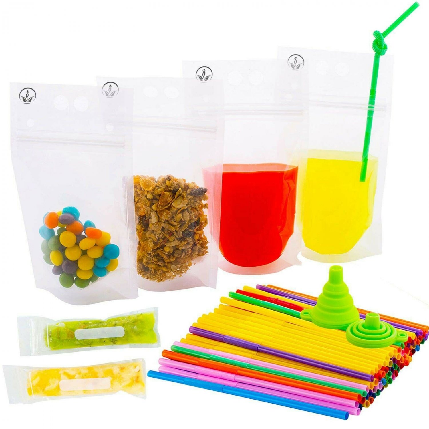 Time Saver Drink Pouches with Double Zipper for Clear Smoothie Bags - Straws ...