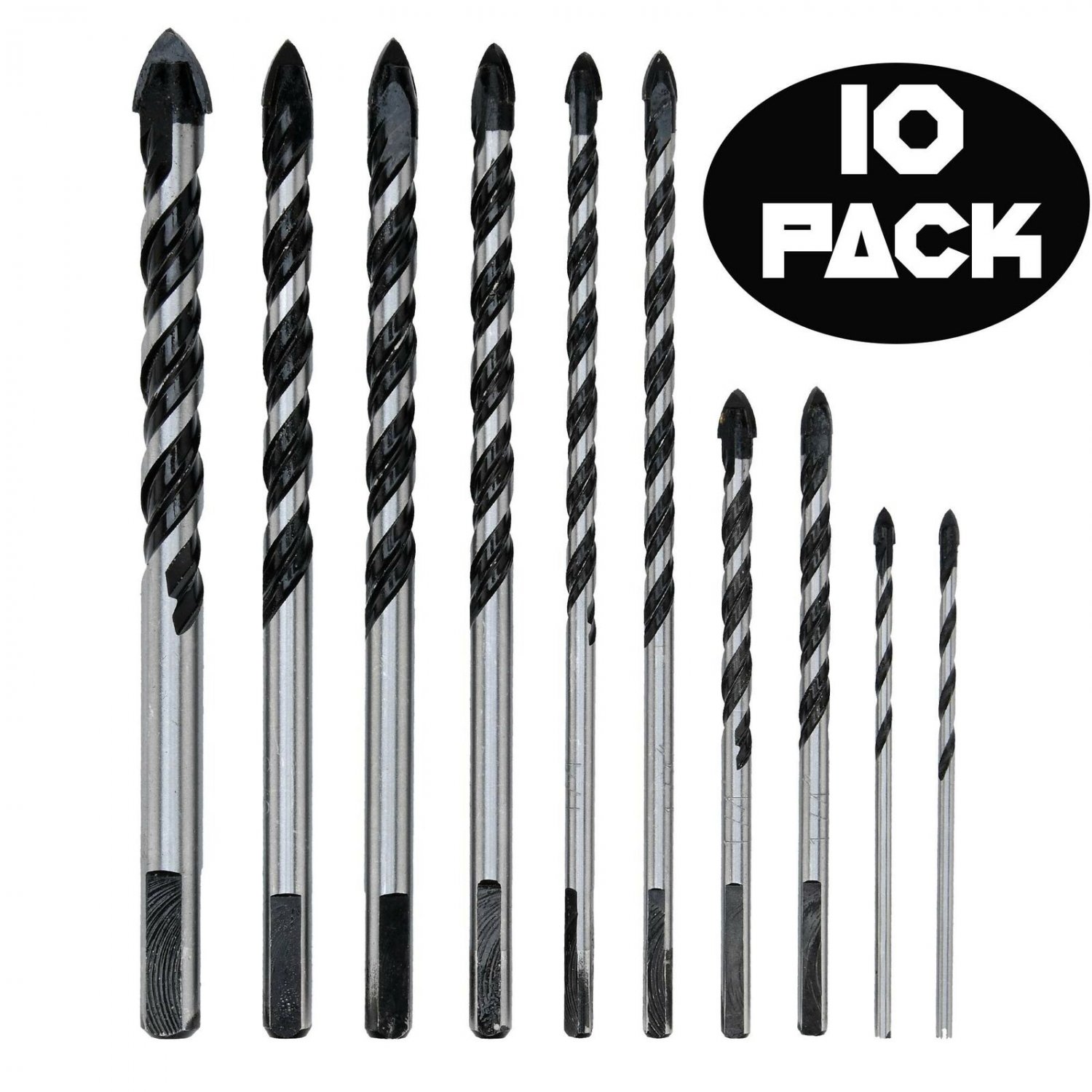 10 Piece Masonry Drill Bits Set (TILE, BRICK, CEMENT, CONCRETE, GLASS, PLASTI...