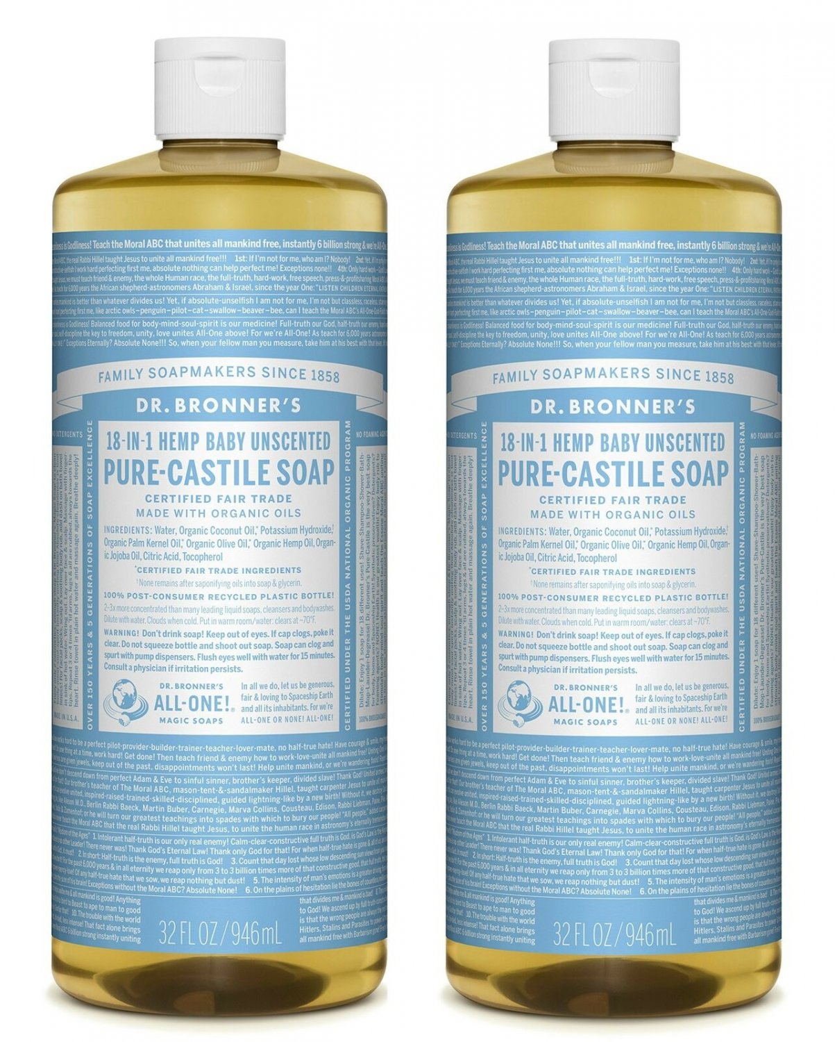 Dr. Bronner's PureCastile Liquid Soap Value Pack Baby Unscented 32oz