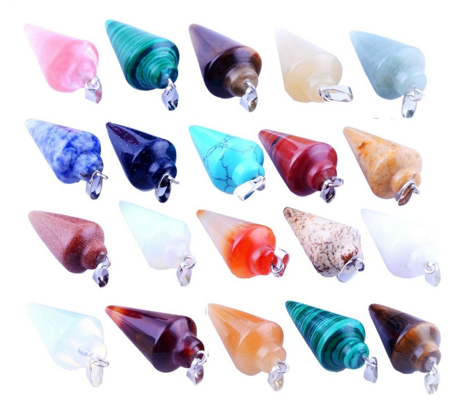20pcs Mutilcolor Stone Healing Chakra Pendulum Line Cone Pendants Crystal Qua...