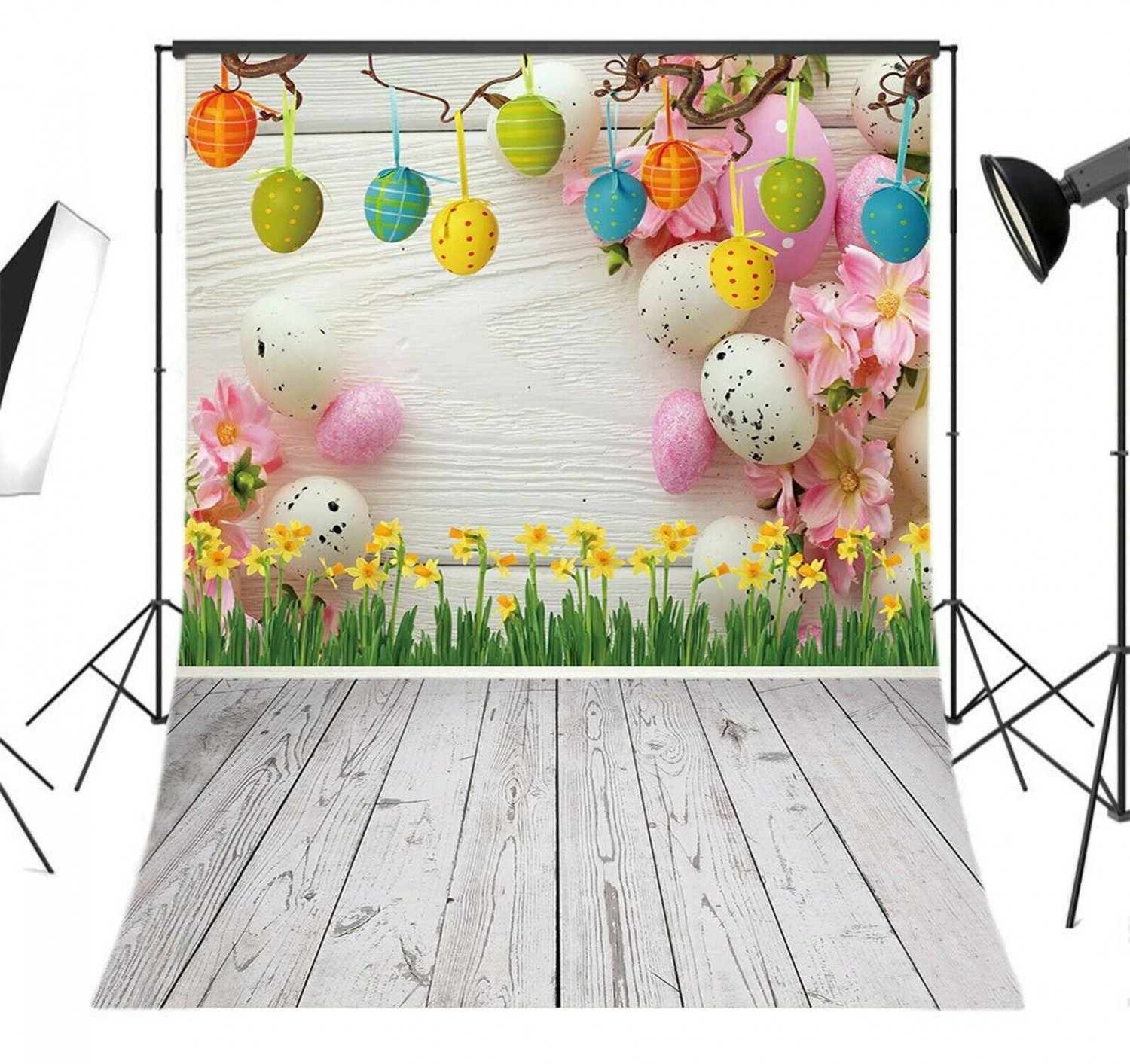LB Spring Easter Backdrop for Photography 5x7ft Vinyl Yellow Flowers Eggs Woo...