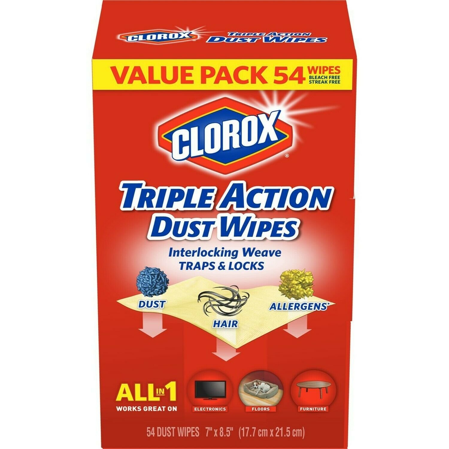 Clorox Triple Action Dust Wipes, Bleach Free Cleaning Wipes - 54 Count