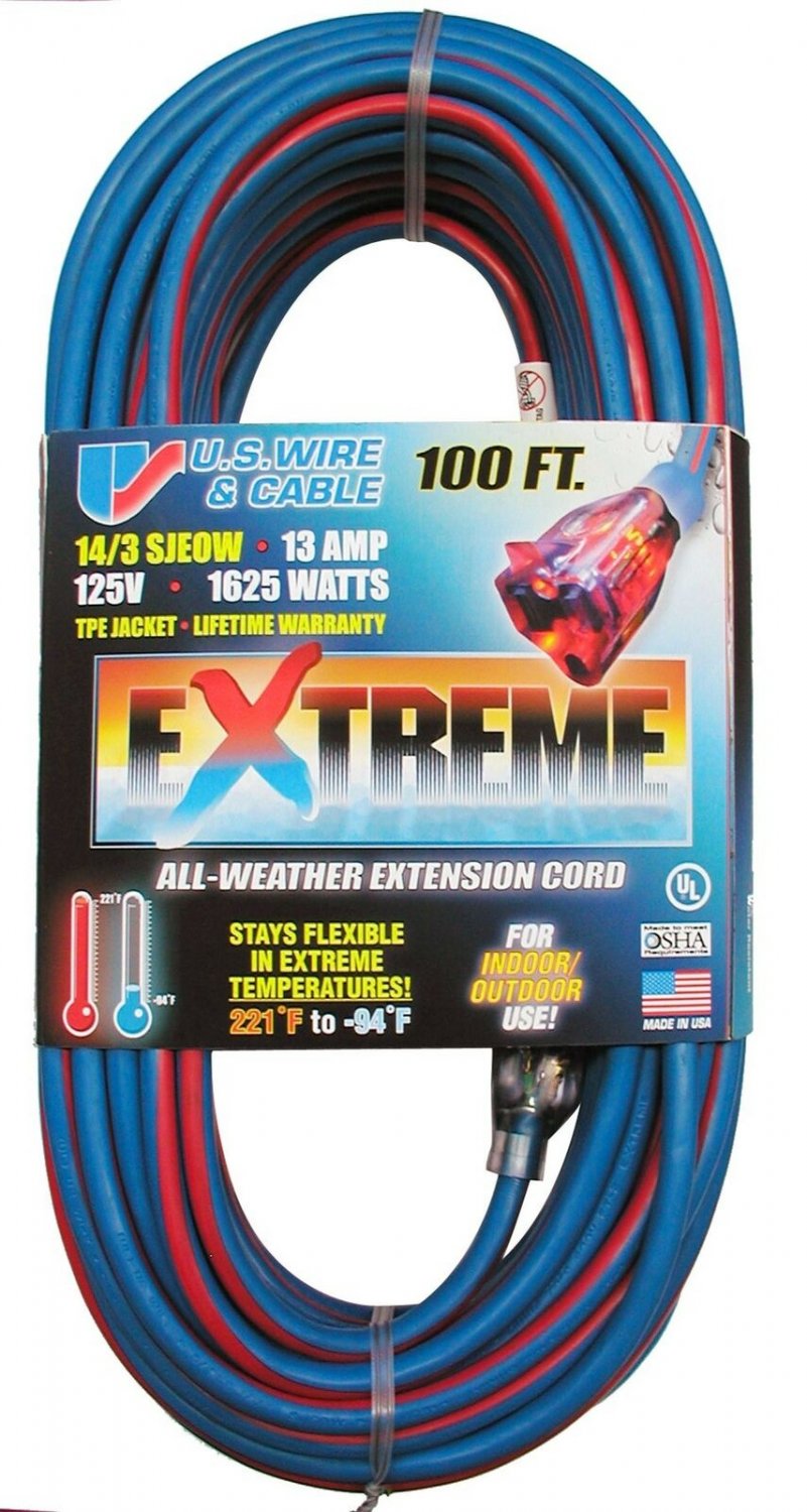 U.S. Wire & Cable 98100 Extension Cord, 100ft, Multicolored 100 ft