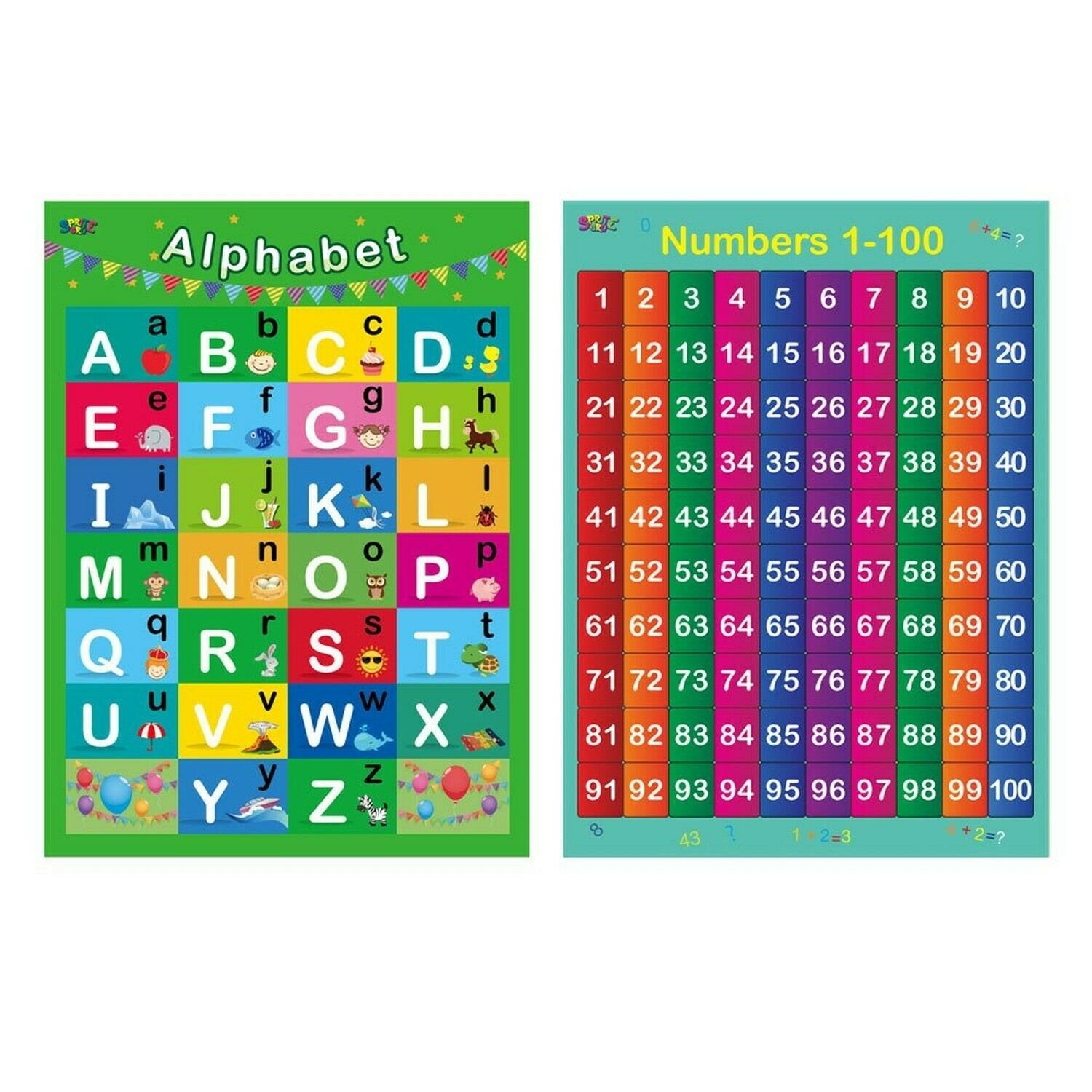 Alphabet, Numbers 1-100,2 Laminated Educational Posters for Toddlers,17 ...