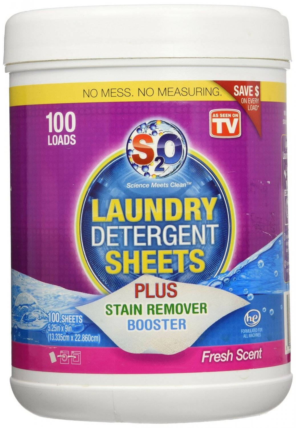 S2O Laundry Detergent Sheets Plus Stain Remover Booster, Fresh Scent, 100 Loads