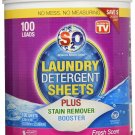 S2O Laundry Detergent Sheets Plus Stain Remover Booster, Fresh Scent, 100 Loads