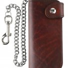 Men's Bifold Vintage Long Style Cow Top Grain Leather Steel Chain Wallet,Made...