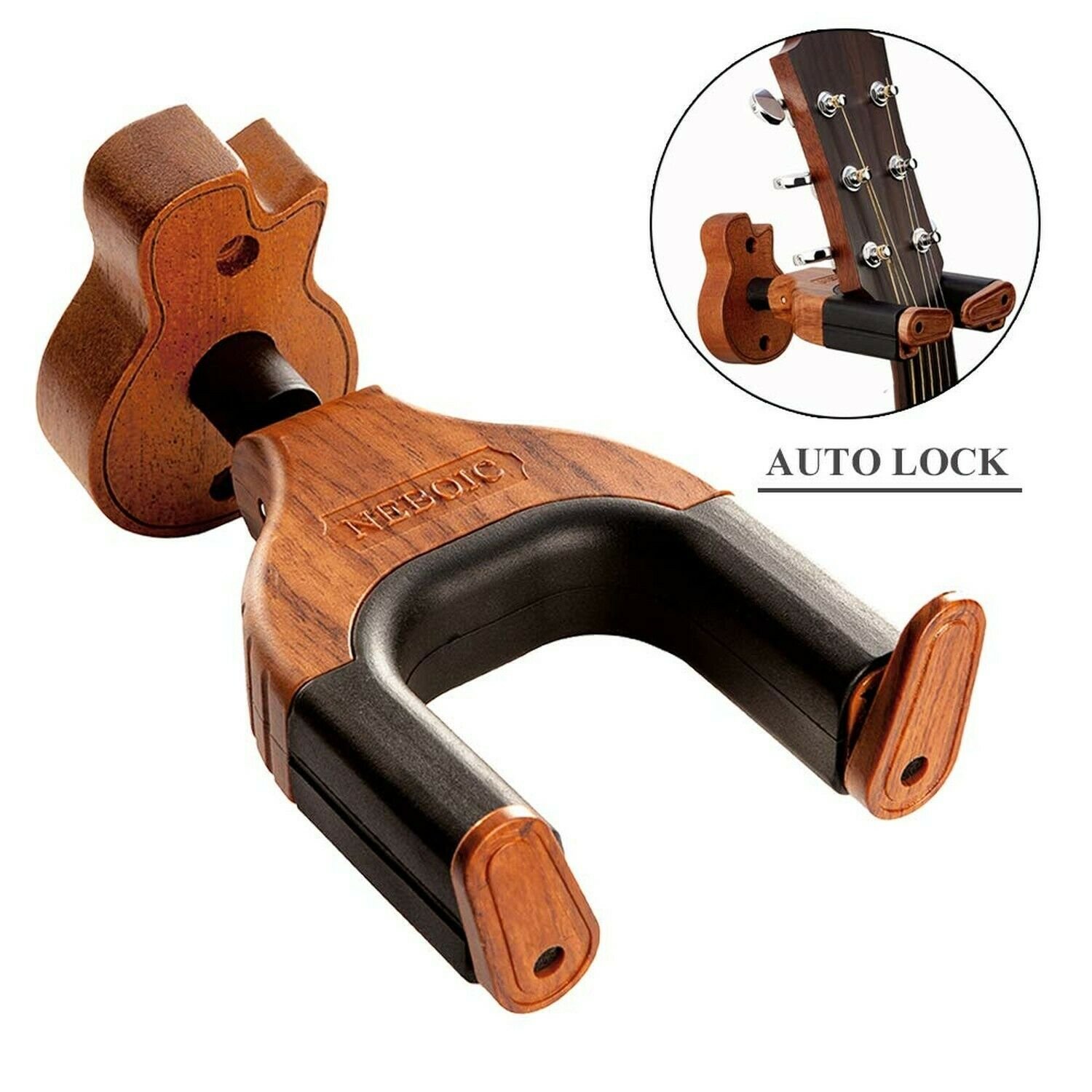 Guitar Wall Mount, Auto Lock Guitar Wall Hanger, Hard Wood Base in Guitar Sha...