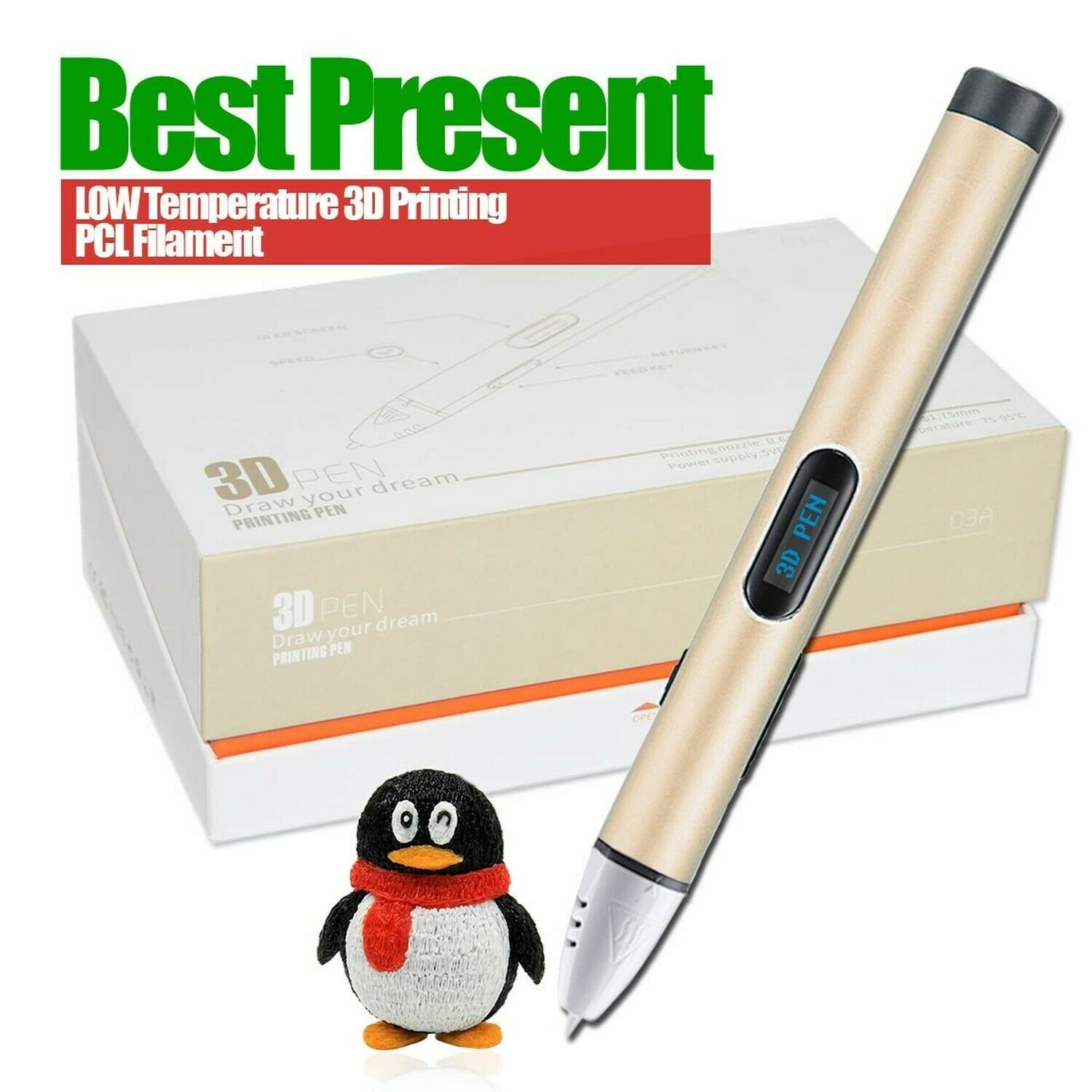 3D Pen for Kids - Safe Low Temperature 3D Printing Pen (3D Pen Gold)
