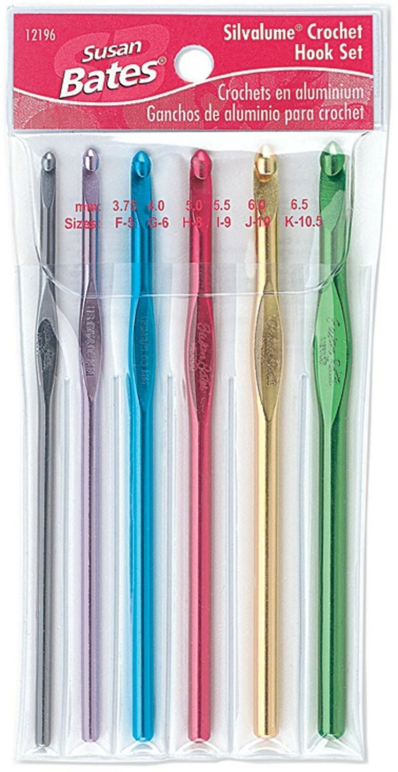 Susan Bates Silvalume Crochet Hook Set in Pouch Sizes F, G, H, I, J, K 5-1/2 in