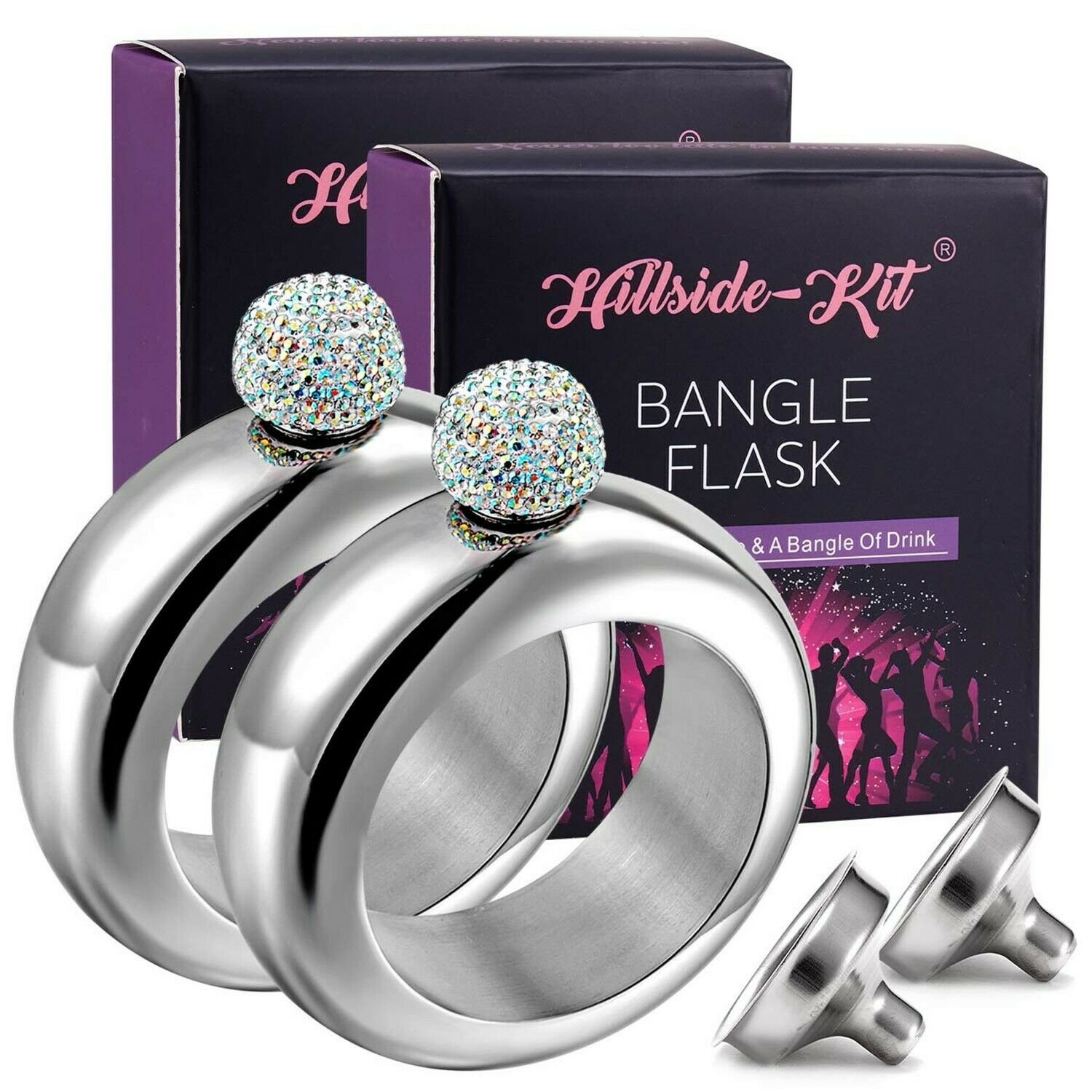 Booze Shot Flask Bangle Bracelet- AB Crystal Lid Creative 304 Stainless Steel...