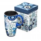 Shades of Indigo Flowers and Butterflies Ceramic Travel Coffee Mug 17oz