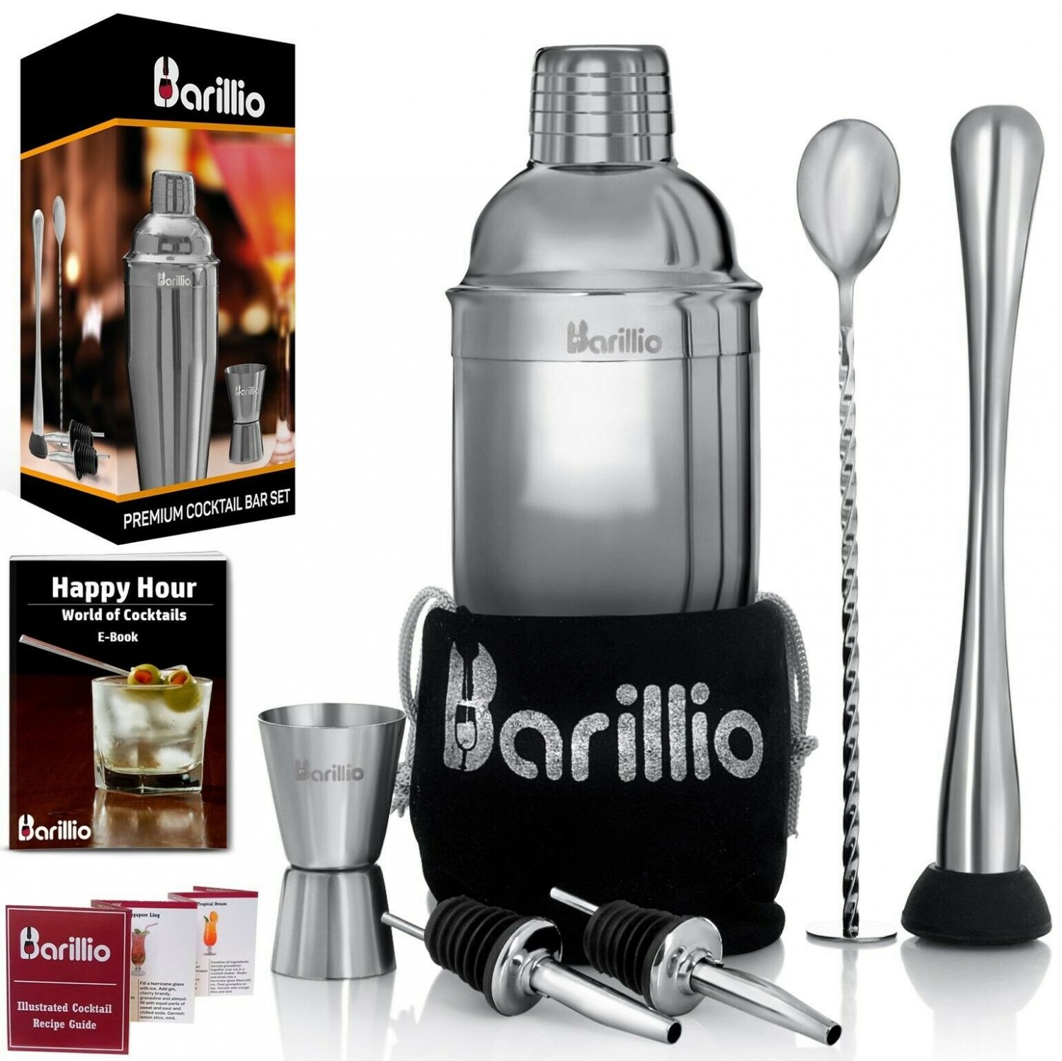 Elite Cocktail Shaker Set Bartender Kit by BARILLIO: 24 oz Stainless Steel Ma...