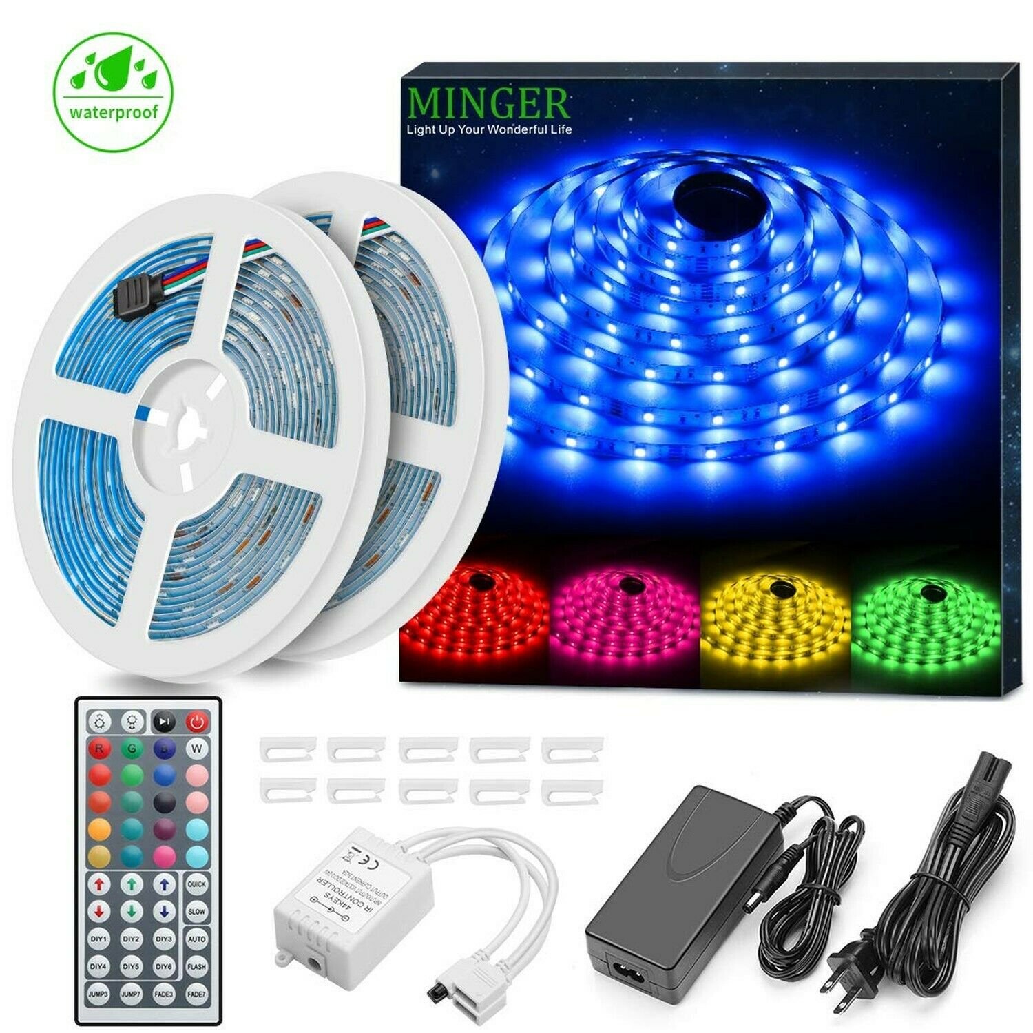 Minger LED Strip Lights Kit, Waterproof 32.8ft 5050 RGB 300led Strips Lightin...