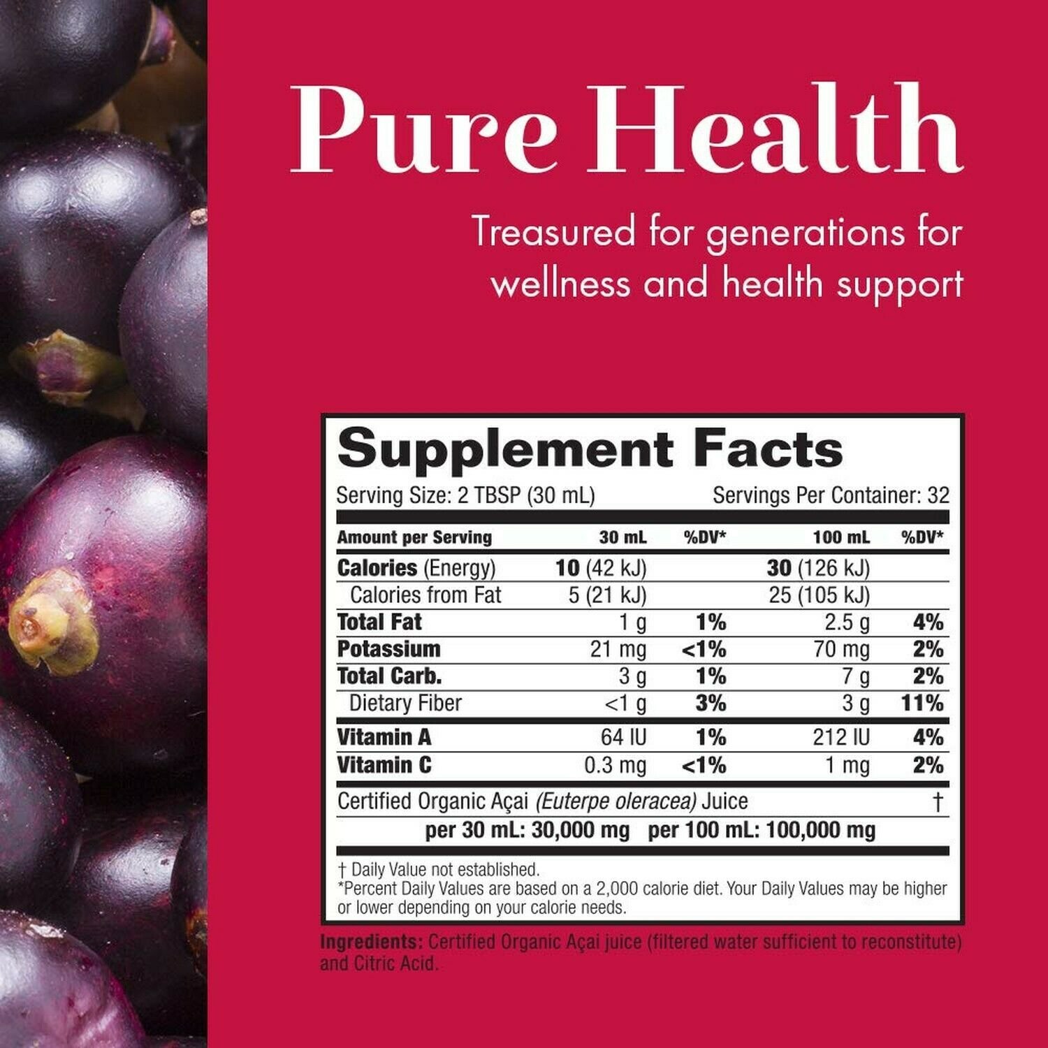 Dynamic Health Acai Gold 100 Pure Organic Certified Acai Juice, 32