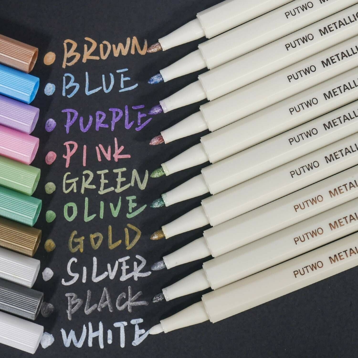 PuTwo Metallic Markers, 10 Assorted Colors Water Proof Metallic Paint Pen Met...