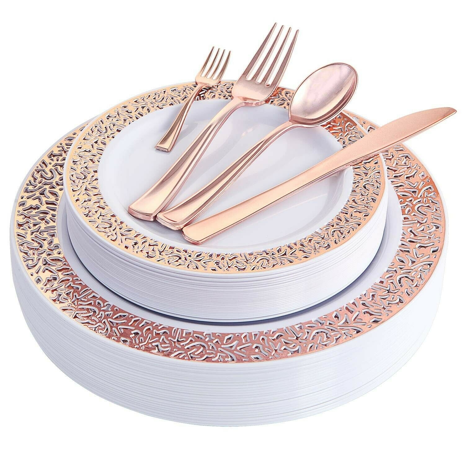 WDF 150PCS Rose Gold Plastic Plates with Disposable Plastic Silverware,Lace D...