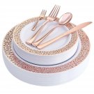WDF 150PCS Rose Gold Plastic Plates with Disposable Plastic Silverware,Lace D...