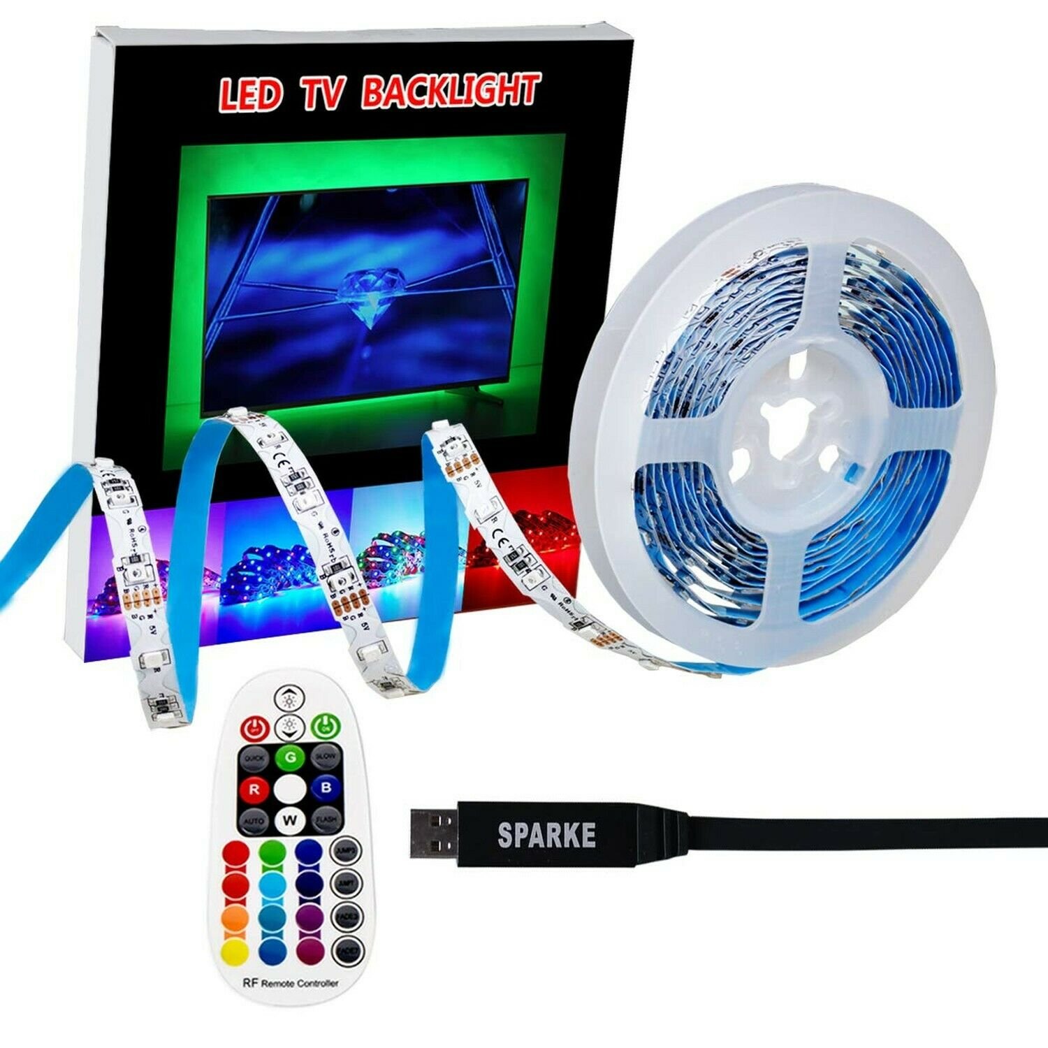 SPARKE LED TV Lights 3meter 9.9 feet USB LED Strip Lights Kit SMD3528 RGB TV ...