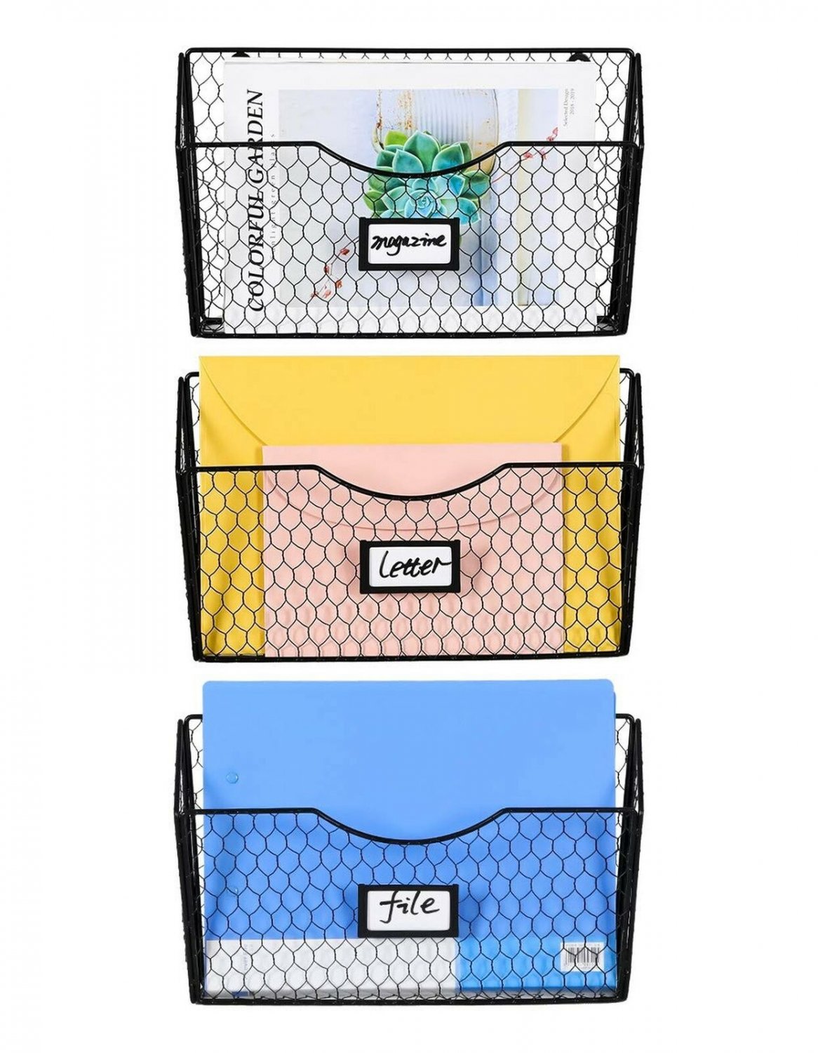 PAG 3 Pockets Hanging File Holder Wall Mount Mail Organizer Metal Chicken Wir...
