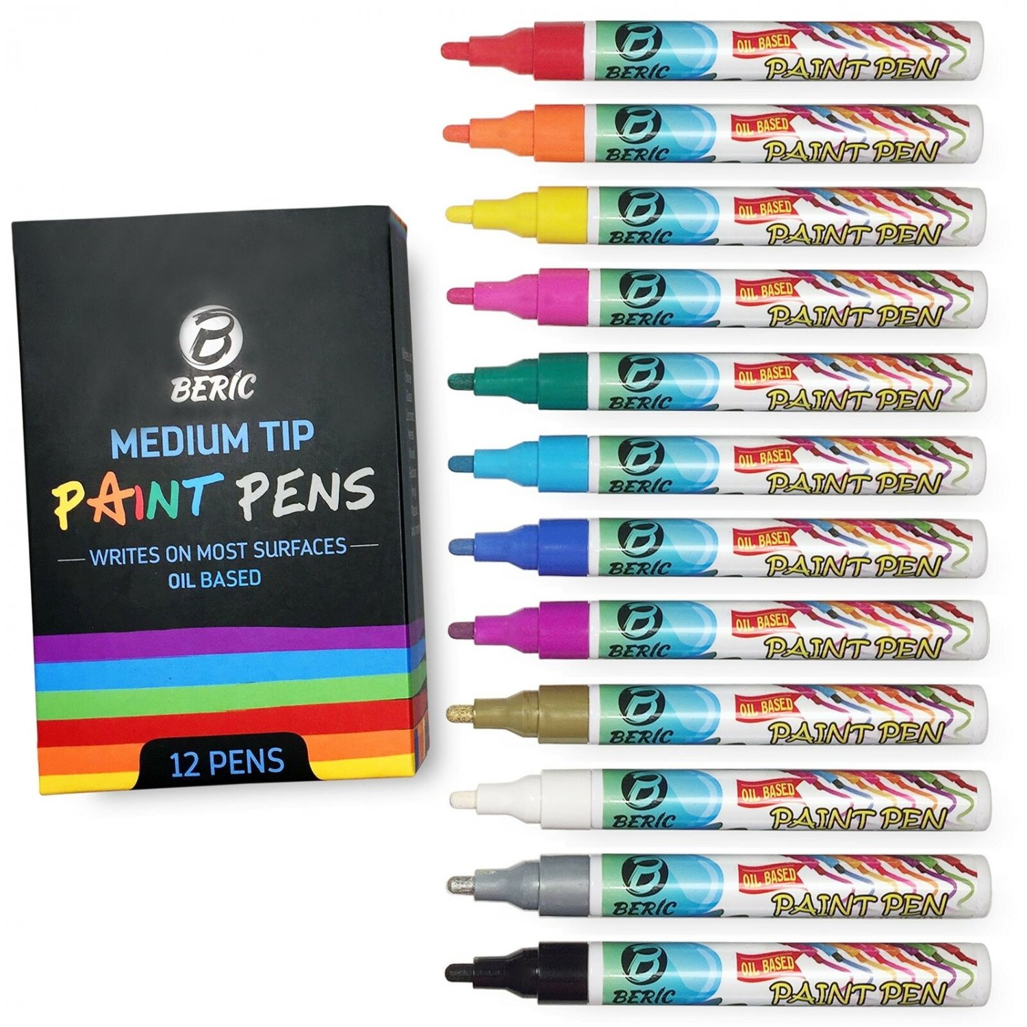 Premium Paint Pens by Beric 12 pack, Oil-based Paint Marker, Medium Point, Wr...