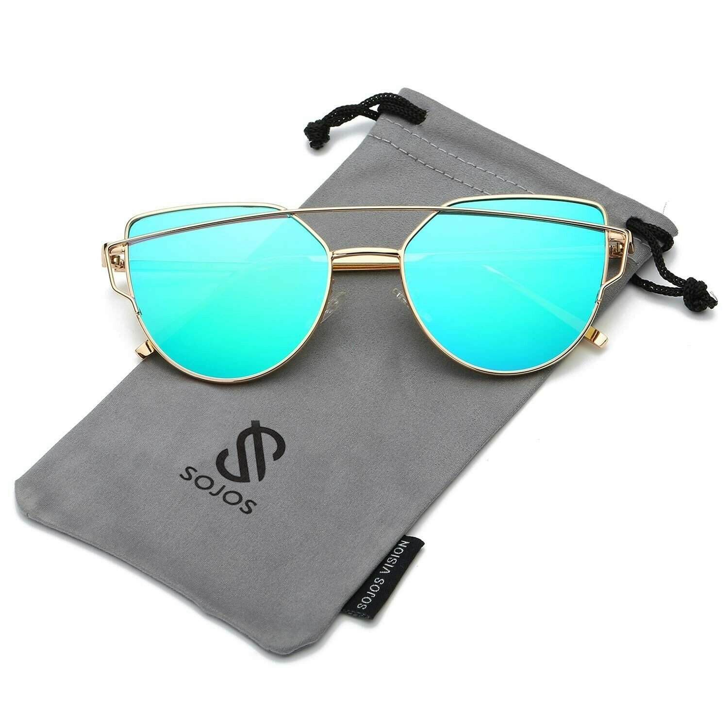 SOJOS Cat Eye Mirrored Flat Lenses Street Fashion Metal Frame Women Sunglasse...