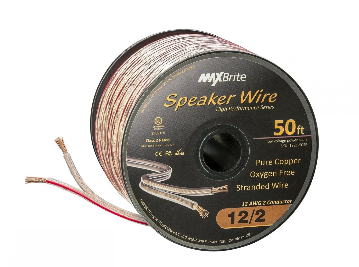 High Performance 12 Gauge Speaker Wire, Oxygen Free Pure Copper - UL Listed C...
