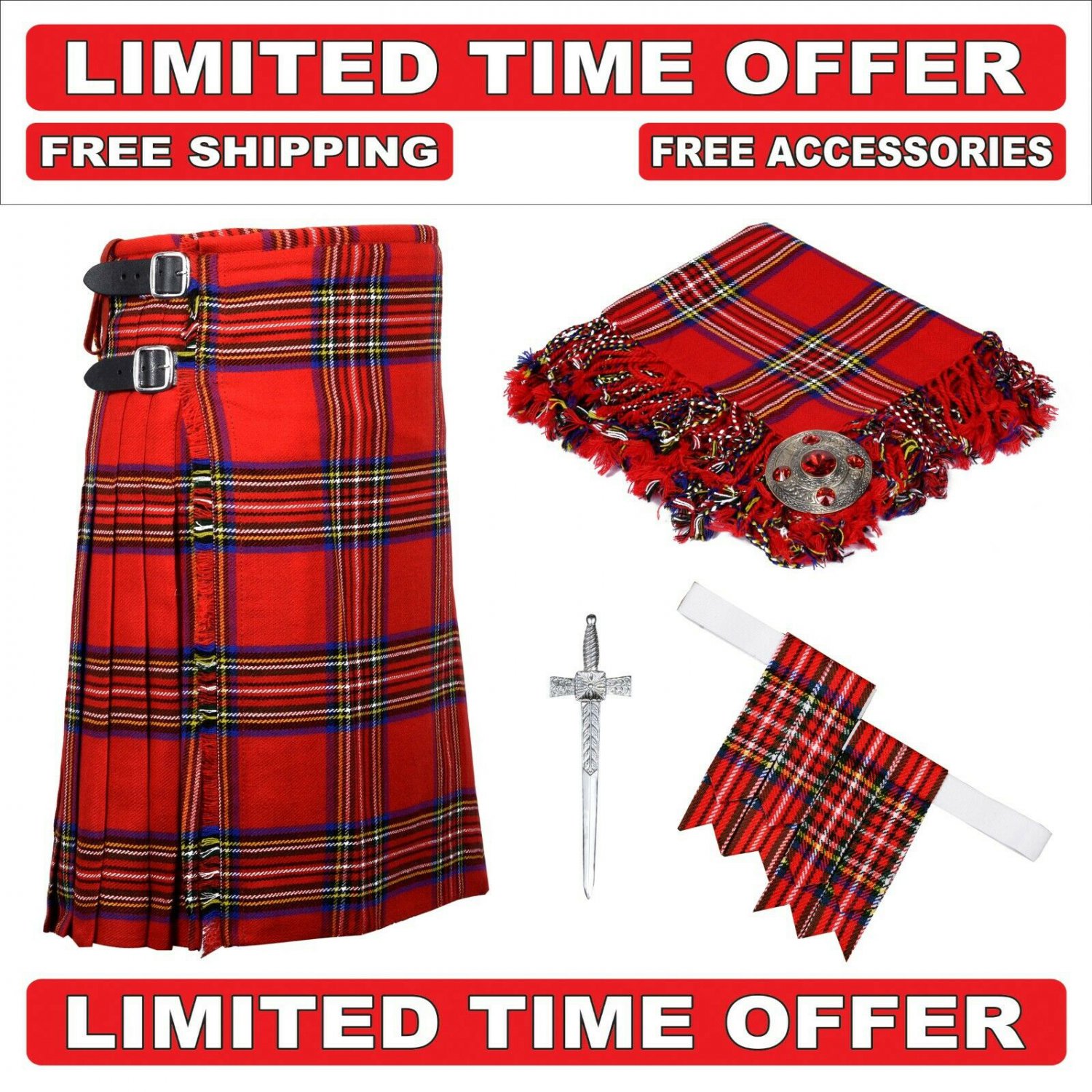 52 size royal stewart Men's Scottish Traditional Tartan Kilt and Accessories Package