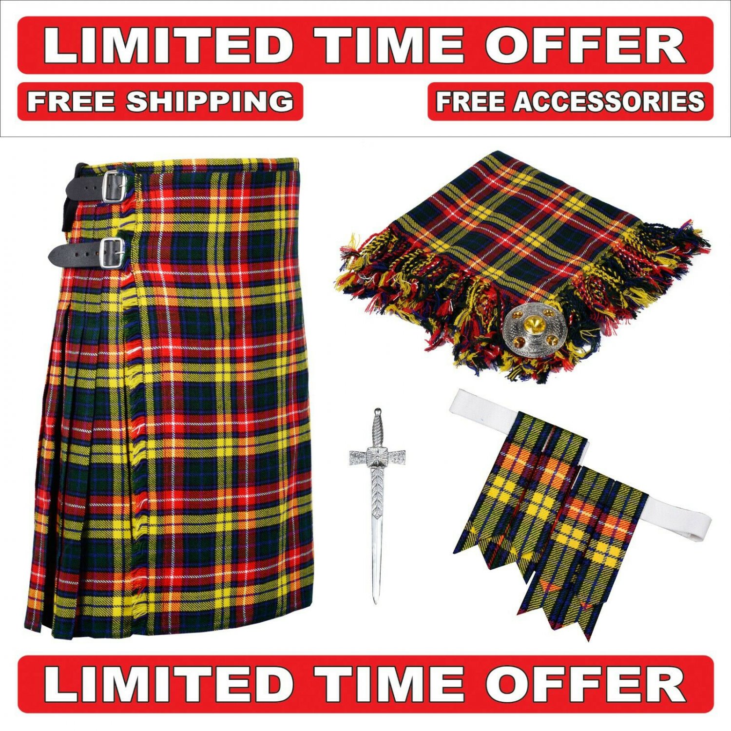 50 size buchnan Men's Scottish Traditional Tartan Kilt and Accessories Package