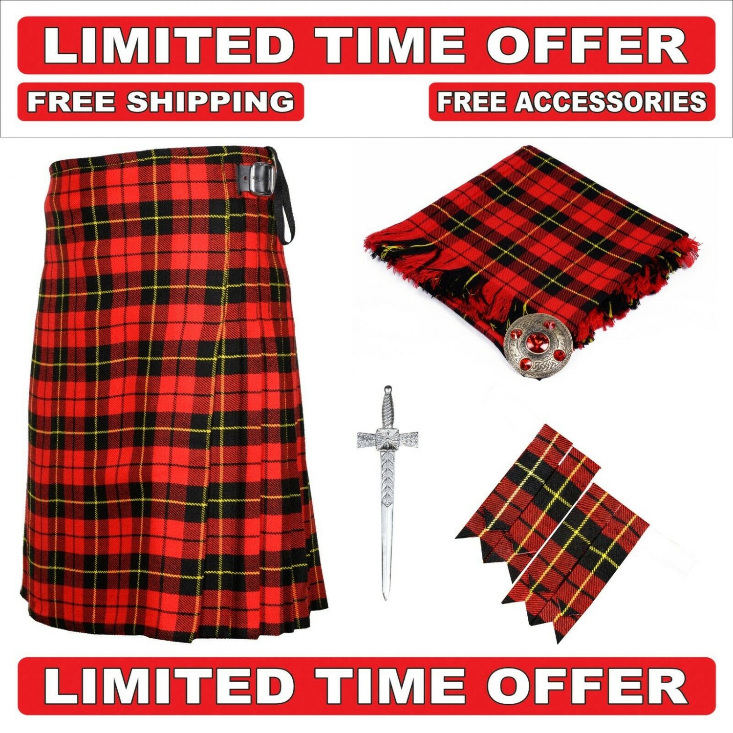 44 size wallace Men's Scottish Traditional Tartan Kilt and Accessories Package