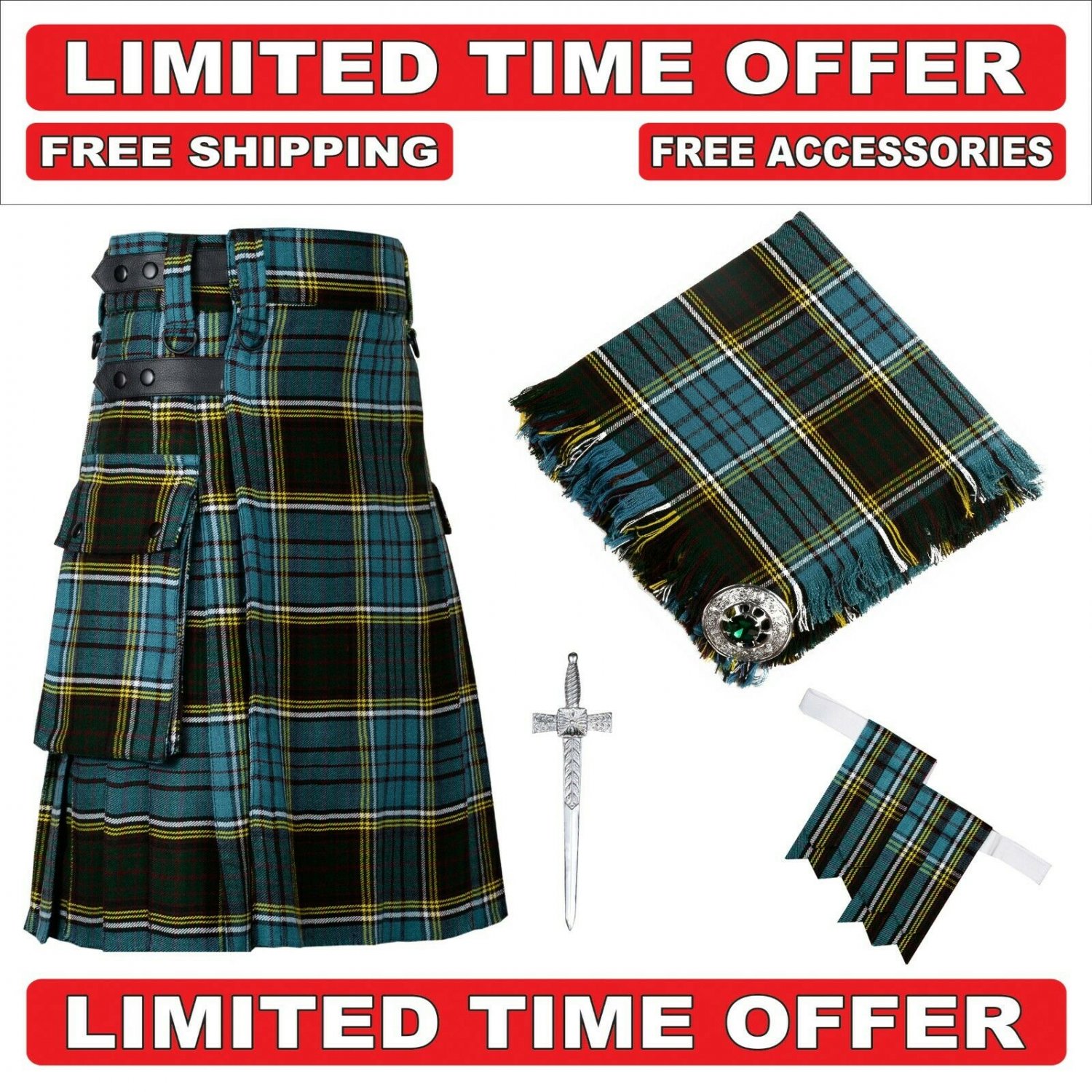 32 size Anderson Scottish Utility Tartan Kilt Package Kilt-Flyplaid-Flashes-Kilt Pin-Brooch