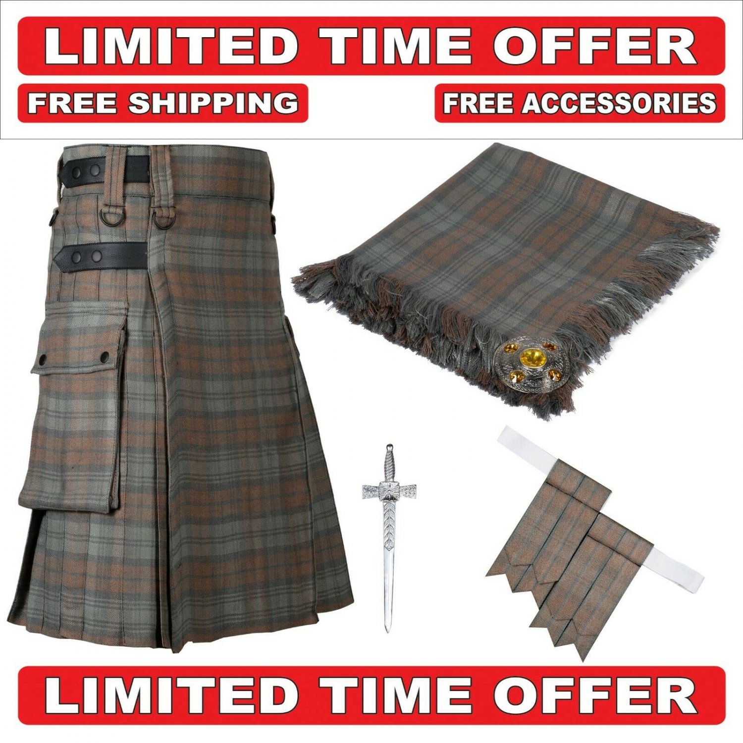 52 Black watch weathered Scottish Utility Tartan Kilt Package Kilt-Flyplaid-Flashes-Kilt Pin-Brooch