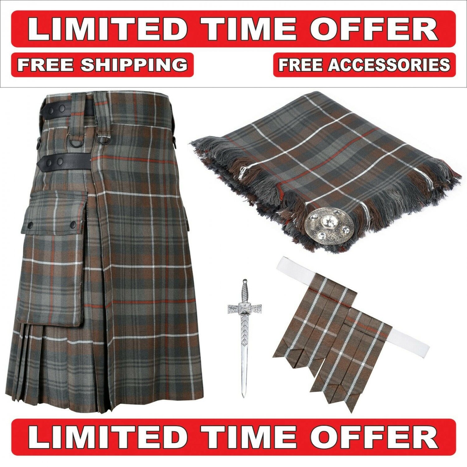 48 Mackenzie weathered Scottish Utility Tartan Kilt Package Kilt-Flyplaid-Flashes-Kilt Pin-Brooch