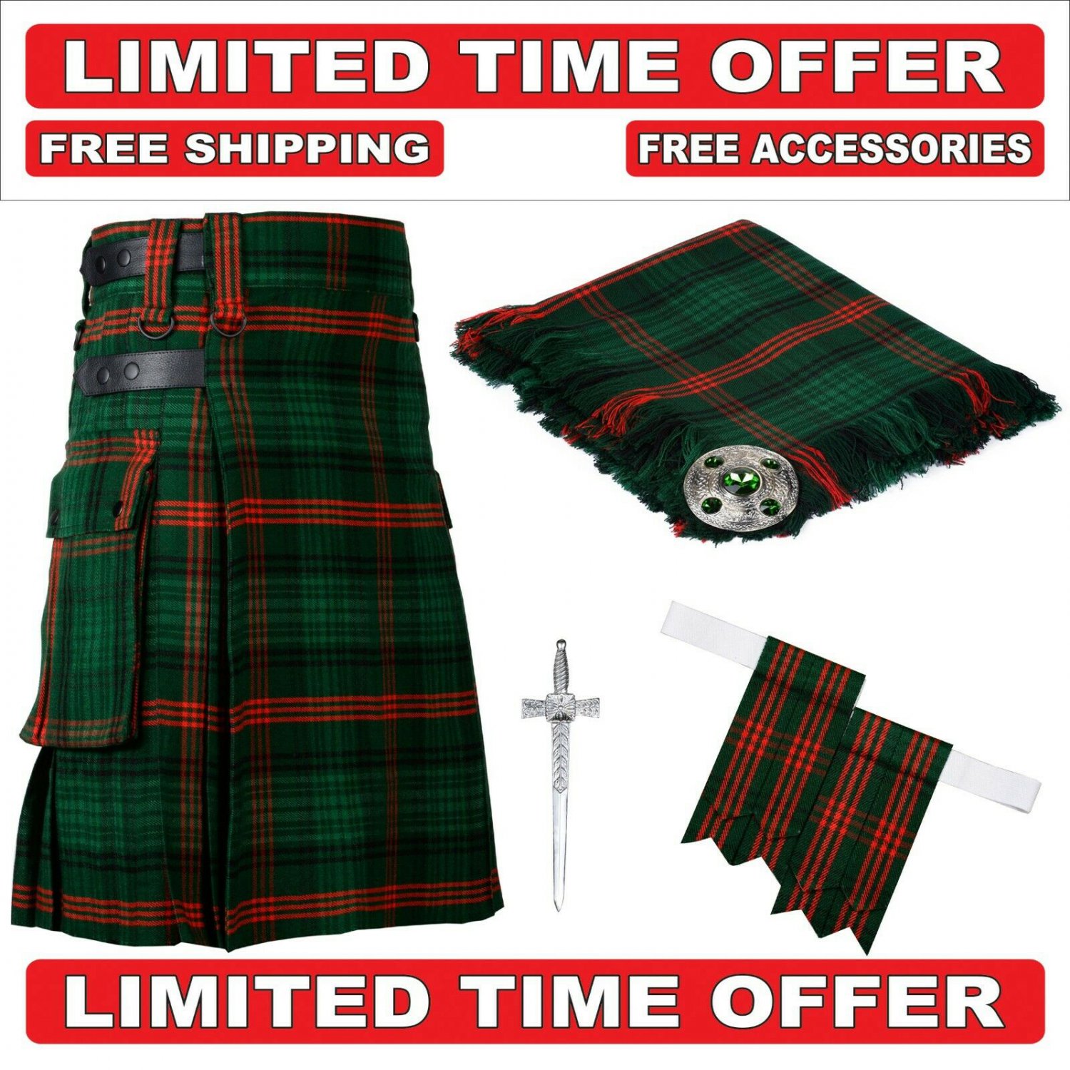 30 size rose Hunting Scottish Utility Tartan Kilt Package Kilt-Flyplaid-Flashes-Kilt Pin-Brooch