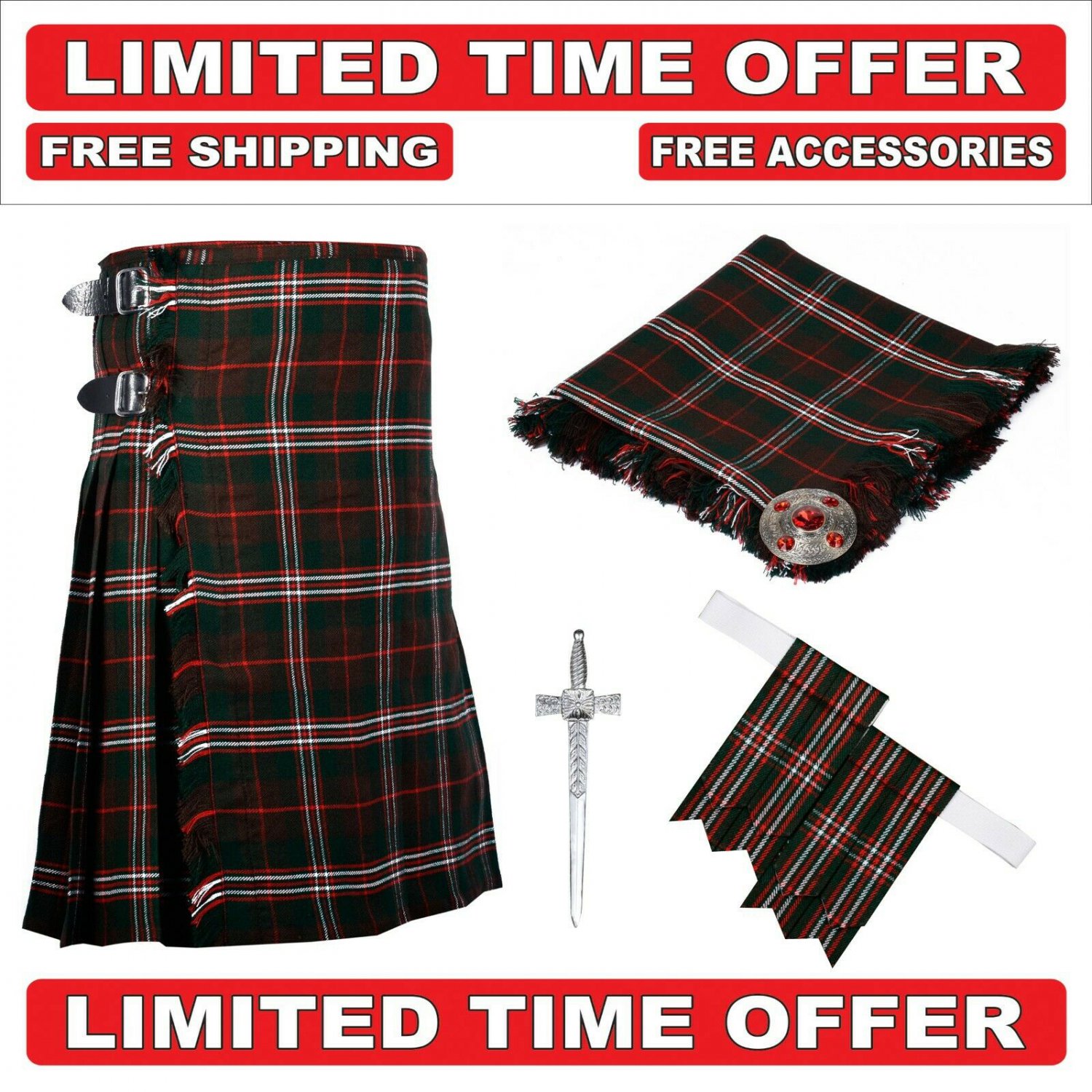 52 size Hunting Scott Scottish Utility Tartan Kilt Package Kilt-Flyplaid-Flashes-Kilt Pin-Brooch
