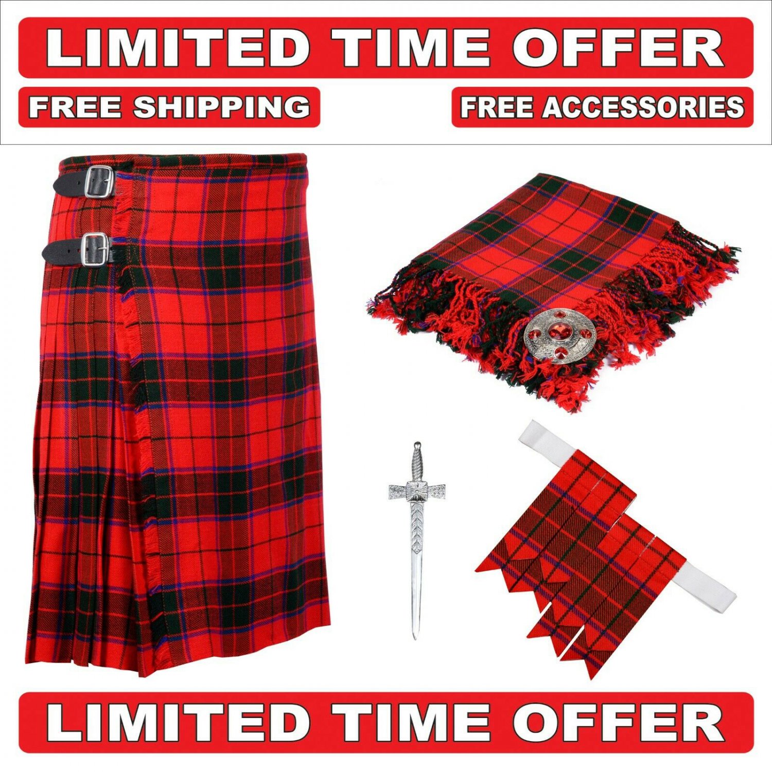 38 size Scottish rose Scottish Utility Tartan Kilt Package Kilt-Flyplaid-Flashes-Kilt Pin-Brooch