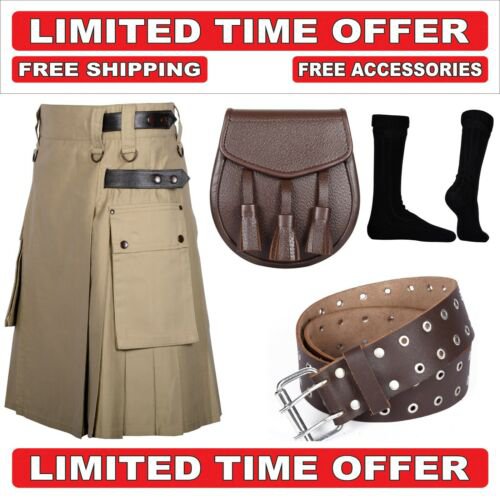 40 size khaki Men's Cotton Utility Scottish Kilt With Free Accessories and Free Shipping